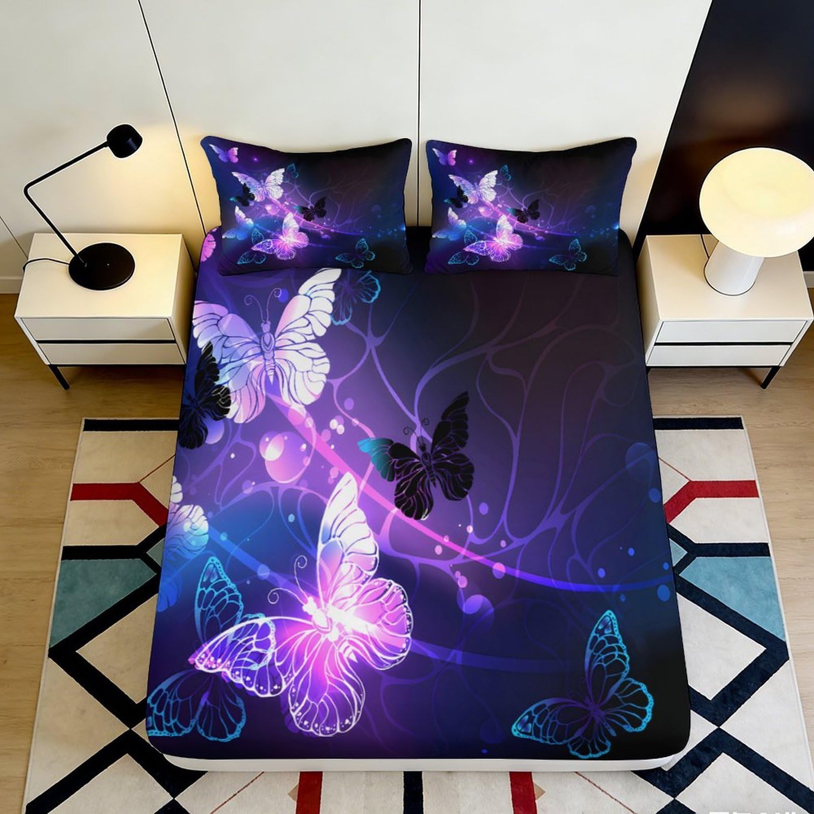 3D Printed Purple Butterfly Fitted Sheet Microfiber Soft Breathable Blue Glow Mattress Cover for Bedroom Dorm Decor 200x200x25cm