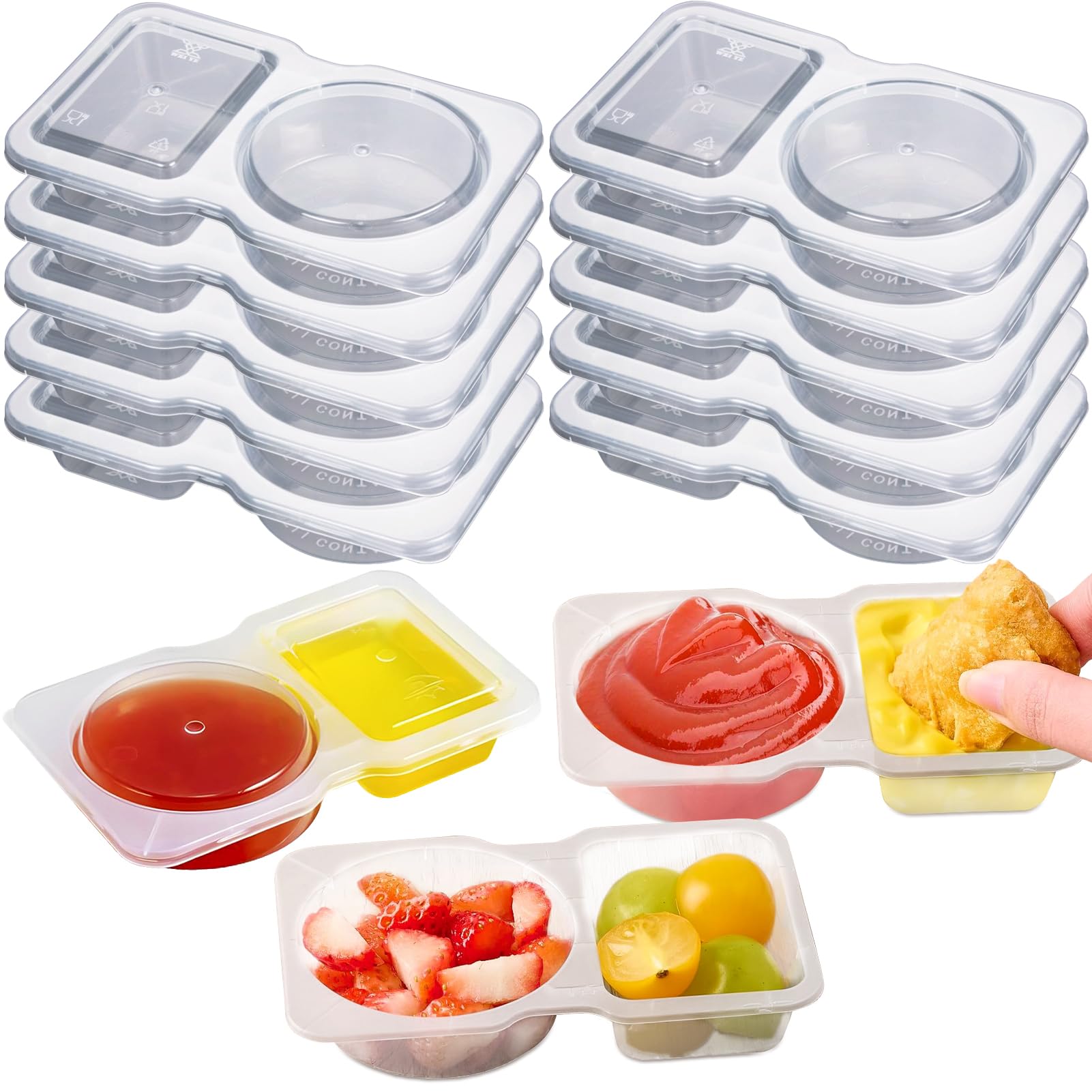 Haourystop Double Compartment Condiment Container,10 Sets Double Compartment Condiment Container With Lids, Reusable Snack Container for Sauces and