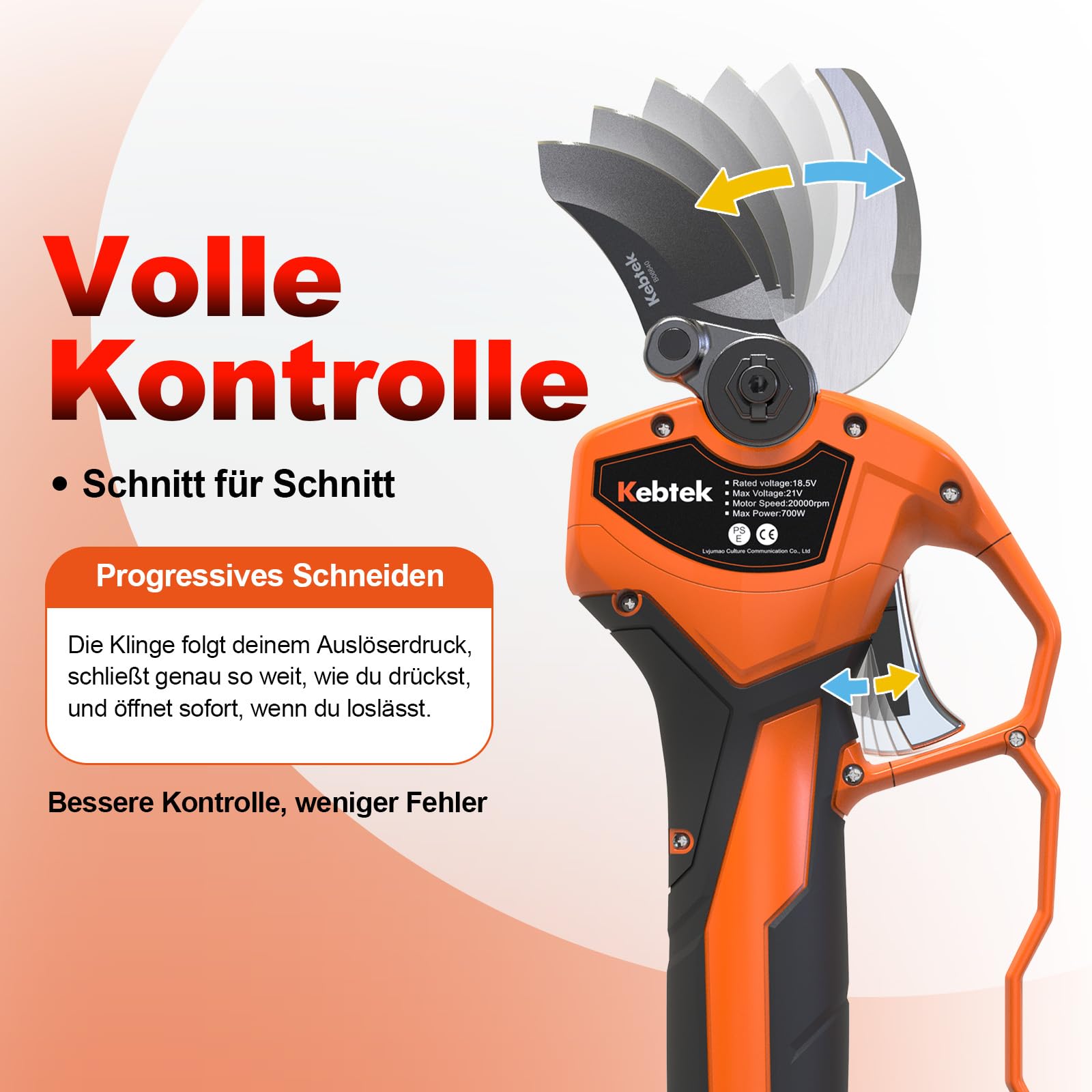 Kebtek Elektrische Gartenschere mit Akku progressive Schnittfunktion 40mm | KST 21V Astschere Akku 1,6Zoll Robust für Obstplantagen und Gartenbau kompatibel mit Makita 18V-Akkus
