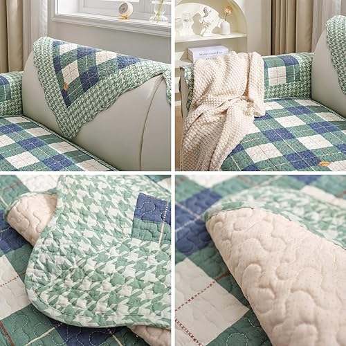 Miniatura 7 de vctops Funda de sofá de algodón a cuadros de Navidad para sofá, funda acolchada de retazos, antideslizante, suave, lavable, protector de muebles