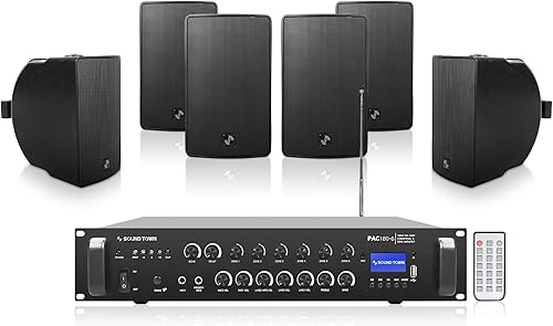 Sound Town Amplificador Bluetooth para restaurante comercial + juego de altavoces de montaje en superficie, con un amplificador de 6 zonas de 70