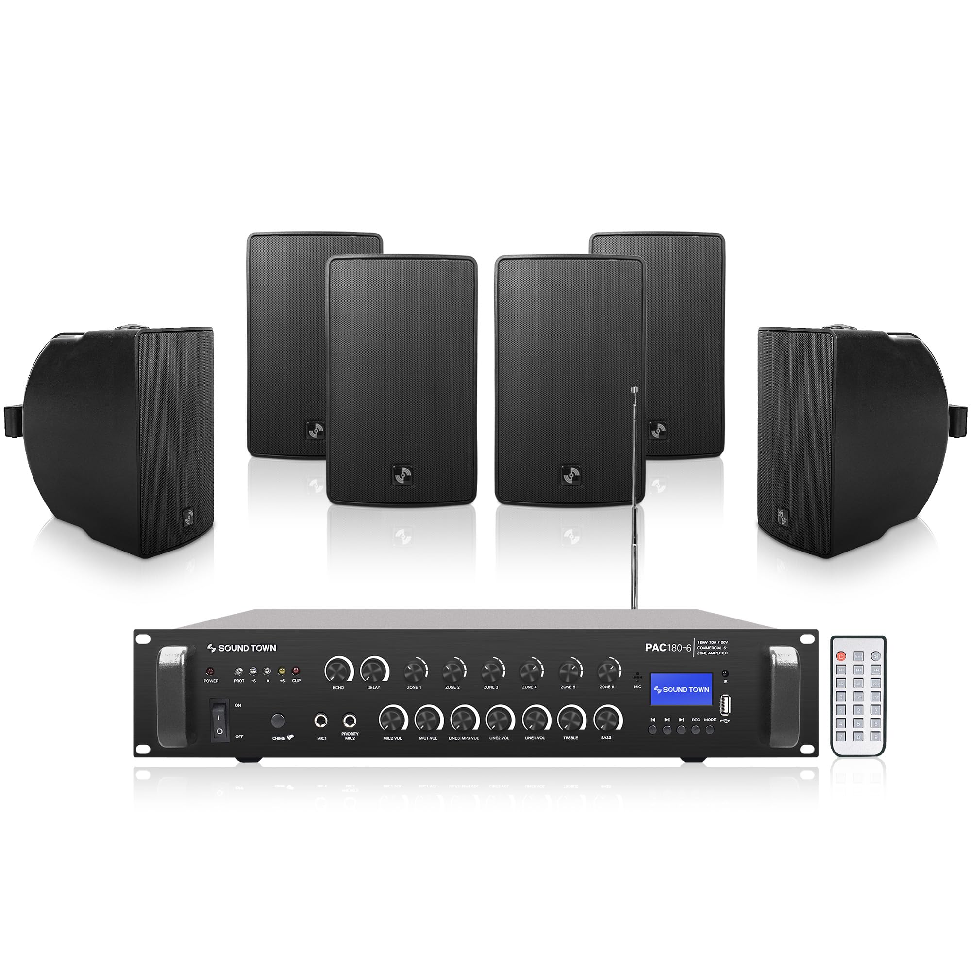 Sound Town Commercial Restaurant Bluetooth Amplifier + Surface-Mount Speaker Set, with One 6-Zone 70V/100V Amplifier with Bluetooth, 6 x 6.5-Inch Surface-Mount Speakers, Black (PAC180X6TV6B)