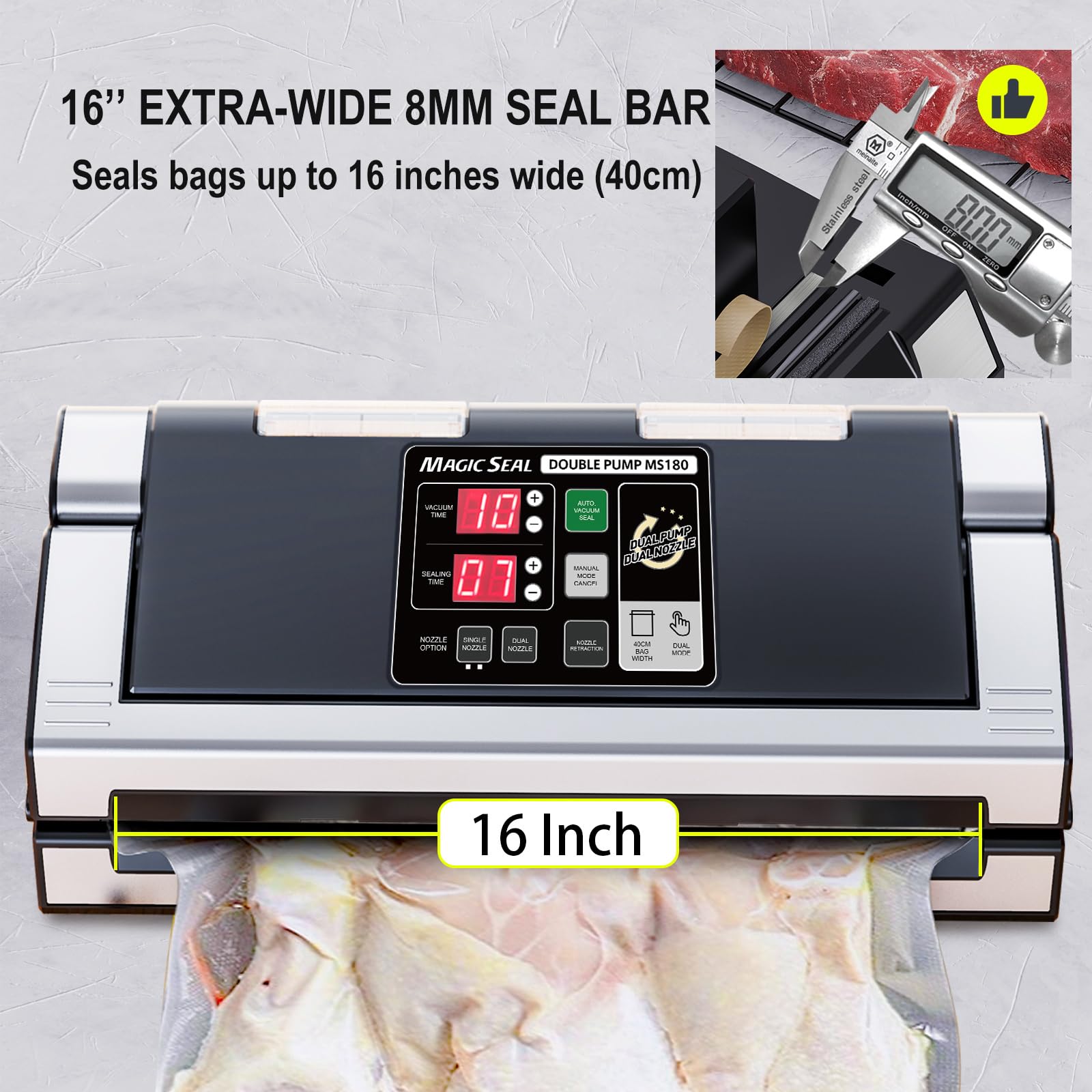 MAGIC SEAL Sigillatrice sottovuoto con ugello da 40,6 cm per la conservazione degli alimenti, funziona con sacchetti in Mylar e lisci, non sono necessari sacchetti testurizzati, 250 W, guarnizione