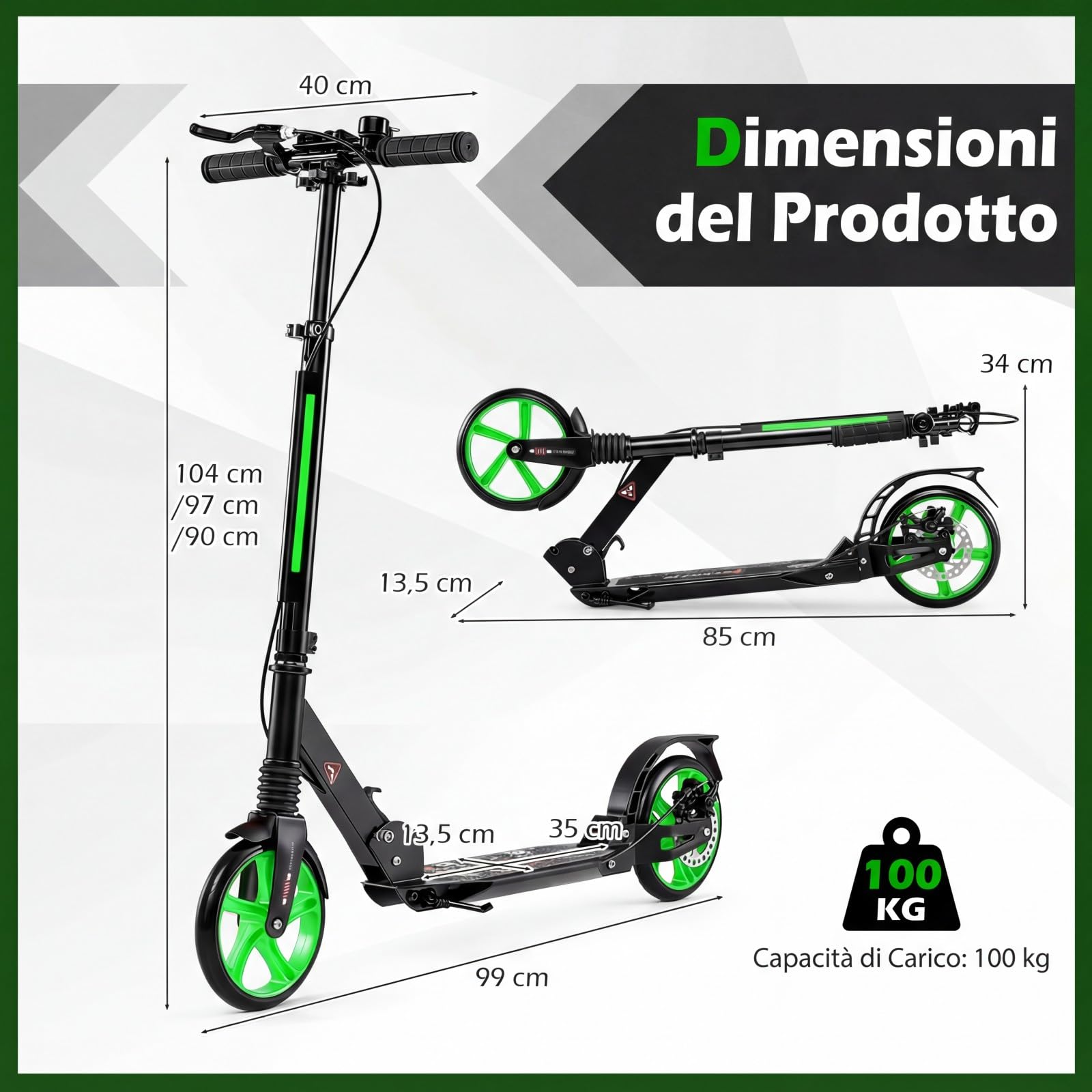 COSTWAY Monopattino Bambini e Adulti, Monopattino a Spinta Pieghevole e Regolabile in 3 Altezze, Monopattino Portatile con 2 Ruote, Cavalletto, Freno e Pedale Antiscivolo, Portata 100 kg