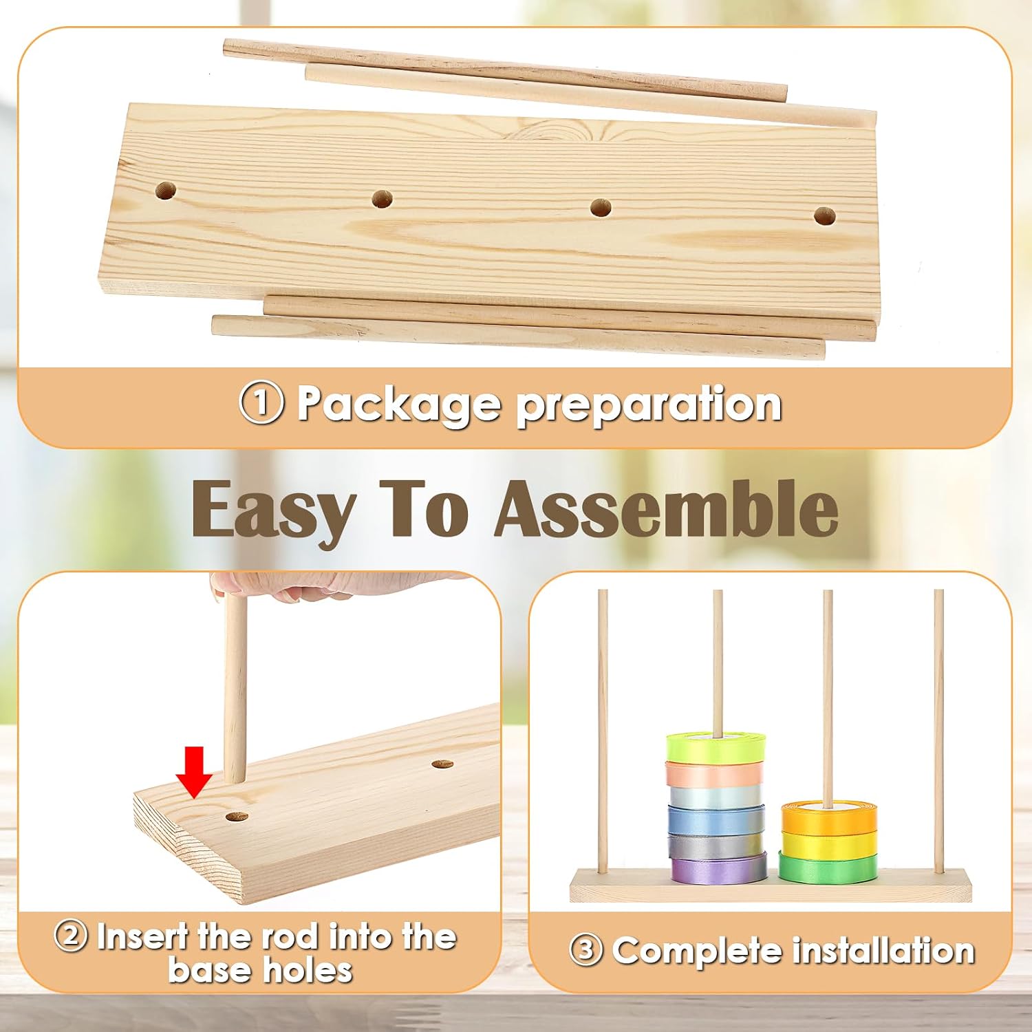 OGANAZI 1 Pack Wooden Ribbon Organizer, Ribbon Spool Holder Washi Tape Organizer Storage Sticker Roll Holder for Sewing Craft Room Cake Shop Flower Store Gift Wrapping