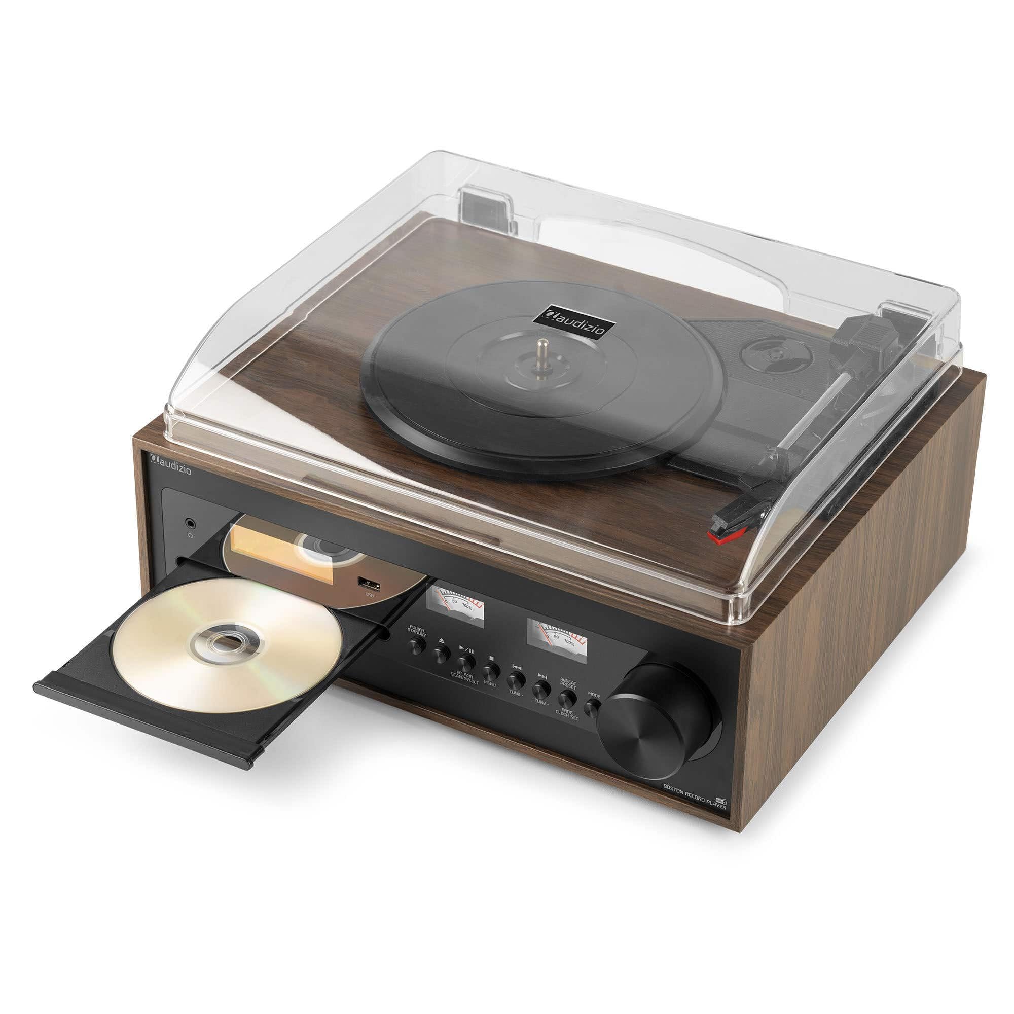 Audizio Boston Retro HiFi Giradischi Bluetooth CD MP3 USB, Radio Dab+, Altoparlanti Stereo, Ingresso AUX, Uscita Cuffie, 3 velocità, Telecomando e Vummetri illuminati