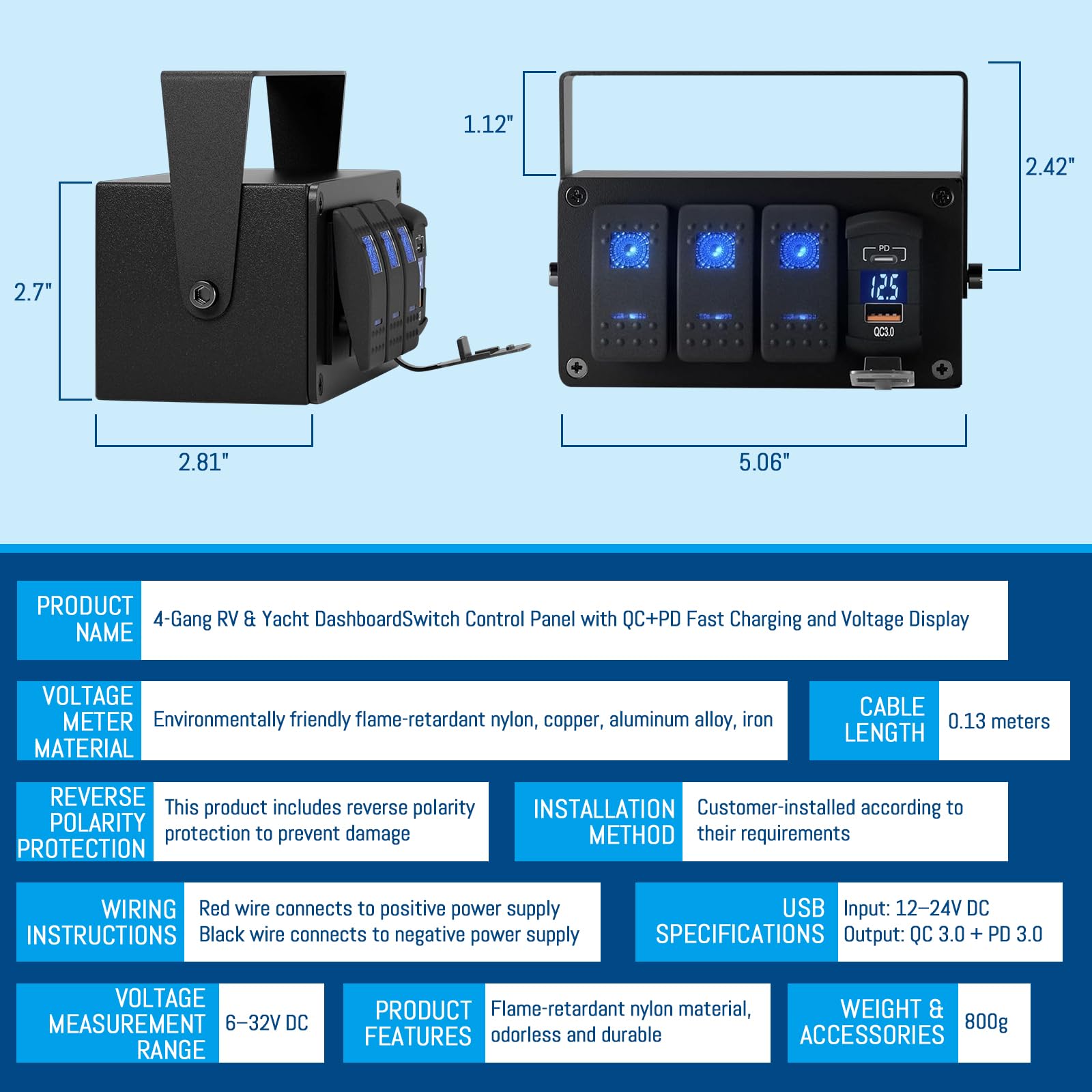 Pannello Interruttori 12V, PannelloInterruttori 3 Gang 12V/24V per Camion | Pannello Interruttori Impermeabile per Barche con Voltmetro Digitale PD & QC3.0, Sistema di Controllo per Camper MarineBarca