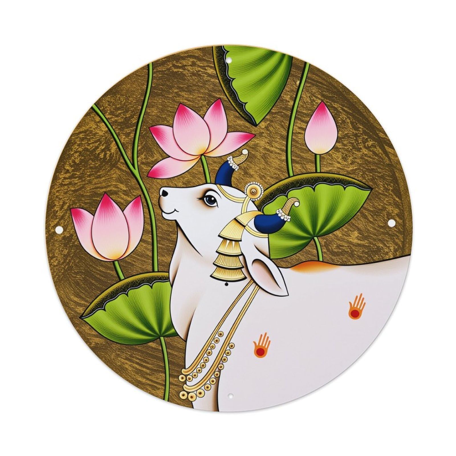 White Cow With Lotus Flowers Round Tin Sign Retro Metal Sign for Cafe Bar Pub Home Game Room Gym Club Wall Decoration Vintage Metal Poster 8x8 Inch