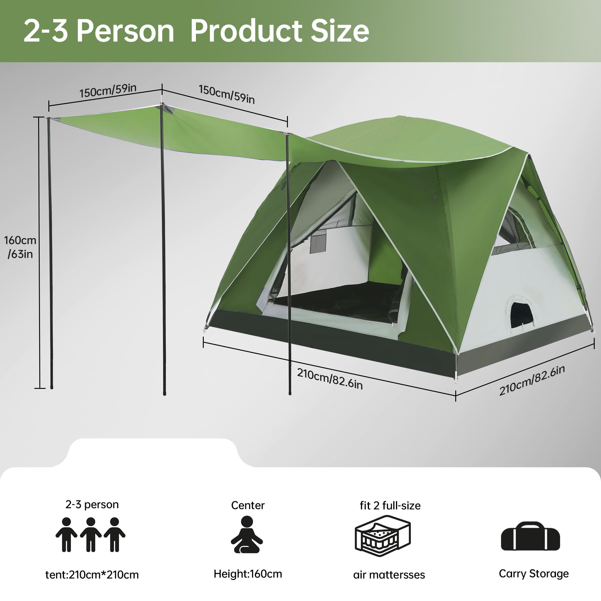 Tente de camping dôme pour 2 à 3 personnes avec salon et auvent – Double couche imperméable à l'eau, légère et facile à installer, sac de transport portable pour la randonnée, 210 x (210 + 150 cm) x