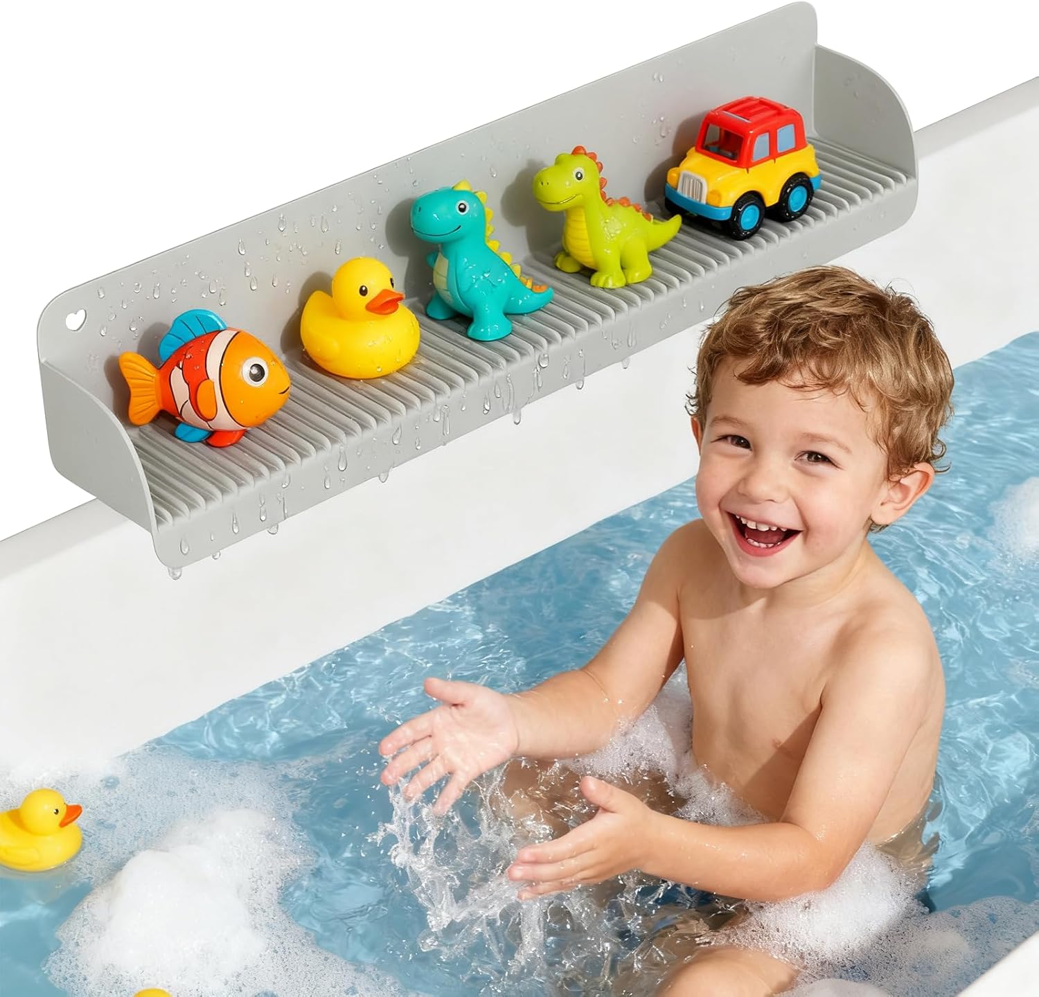 Duesu 24 Inch Silicone Bathtub Splash Guard with 10 Suction Cups - Foldable Bath Toy Holder Shelf, Spill-Proof Tub Tray, Grey