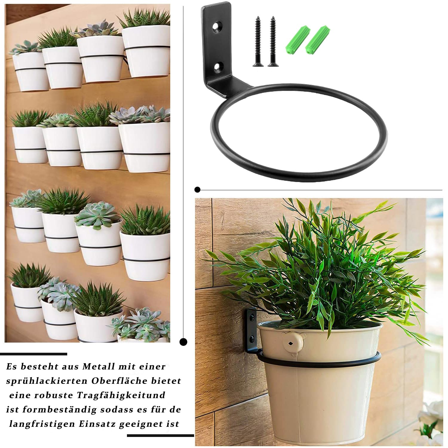 Soporte de Pared para Plantas, 6 Piezas Soporte de Pared para Plantas de 15 cm, Anillo metálico para Montaje en Pared, con Tornillos y Destornillador, para macetas, jardín, balcón, Negro