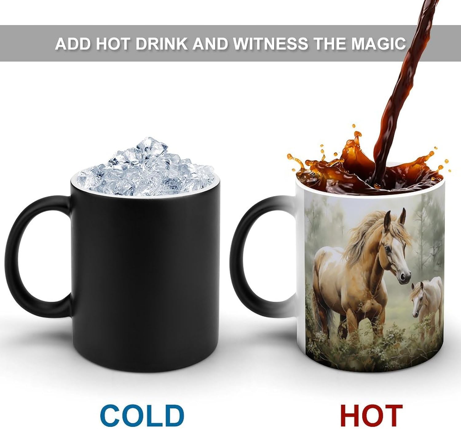 Color Changing Mug Animals Embroidery Paintings Horses Printed Ceramic Coffee Mug Heat Changing Sensitive Mug Magic Heat Changing Coffee Mug Novelty Coffee Mugs