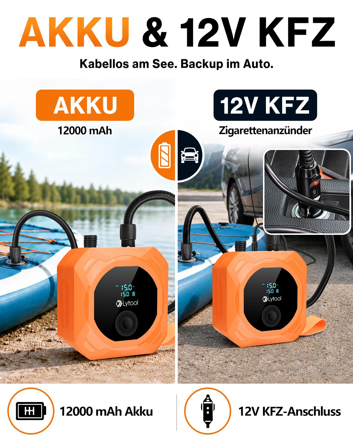 Elektrische SUP Pumpe (optional mit Akku / 12V KFZ-Anschluss) - Lytool 50 PSI Hochdruck Kombi-Luftpumpe mit Auto-Off für Stand Up Paddle Boards, Boote, Kajaks, Auto- und Fahrradreifen