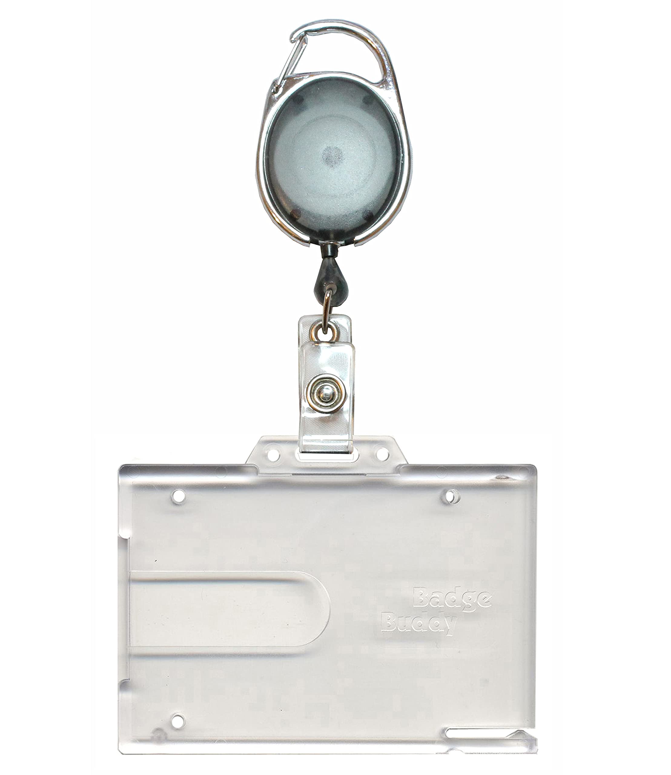 PCL Media ltd Black Retractable Badge Reel with Carabiner Clip and Double Sided Badge Buddy ID Card Holder Clear Rigid ID Badge Holder - Holds Two ID Card Ski Pass Holder