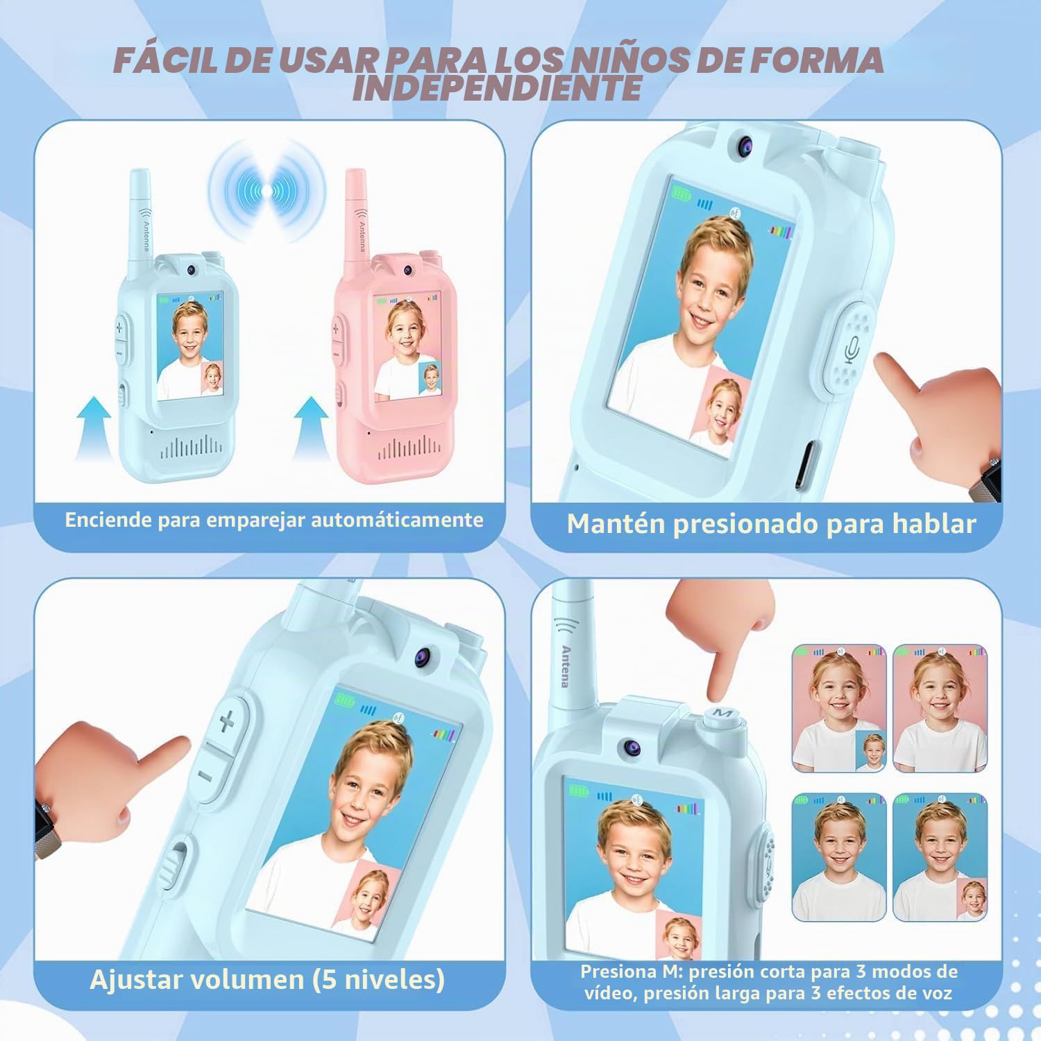 Felly Video Walkie Talkies 2 Piezas, con Videollamada y Cambiador de Voz, Walkie-Talkies Tiempo Real y Portátil, Juguete Recargable de Largo Alcance, Regalos para el Día del Niño de 3-12 Años
