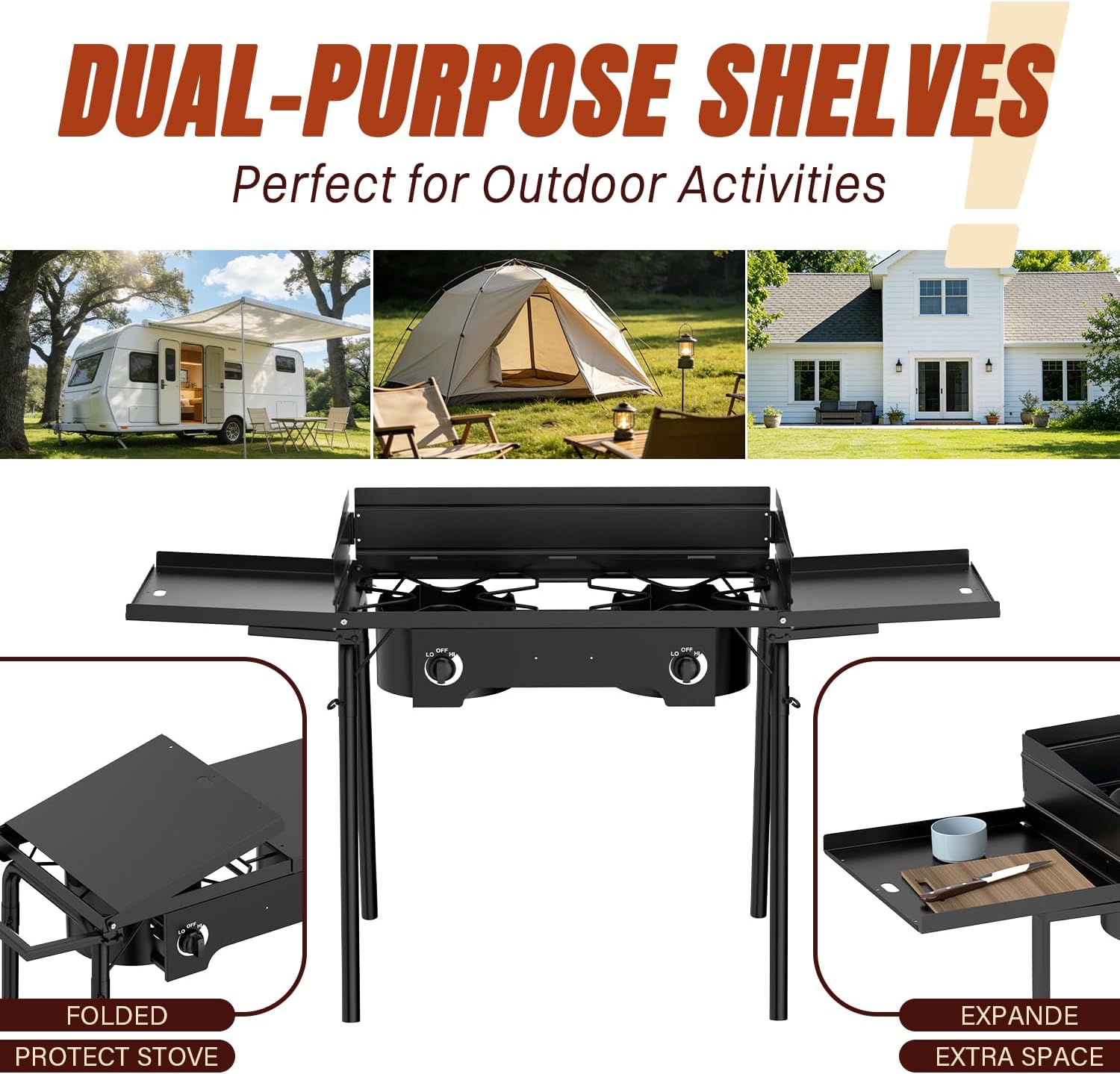 2 Burner Outdoor Camping Stove with Windscreen & Side Table, Cover, 20PSIG Regulator,150,000 BTU Propane Gas Stove for Camping Home Backyard Outdoor Cooking Brewing Canning