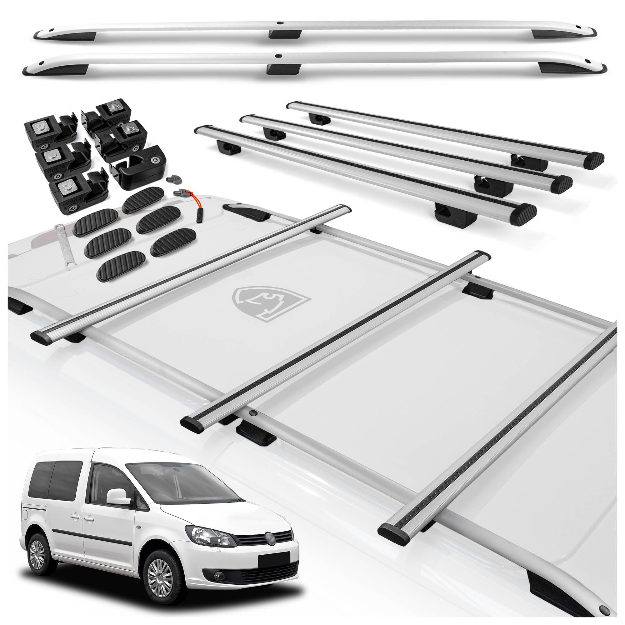 CHROMEMASTER | Kit Rails de Toit et Barres de Toit Compatible avec VW Caddy L1 Court 2010-2015 | Système de Porte-Bagages de Toit pour Voiture | Idéal pour Transporter Coffre de Toit, Panier de Toit