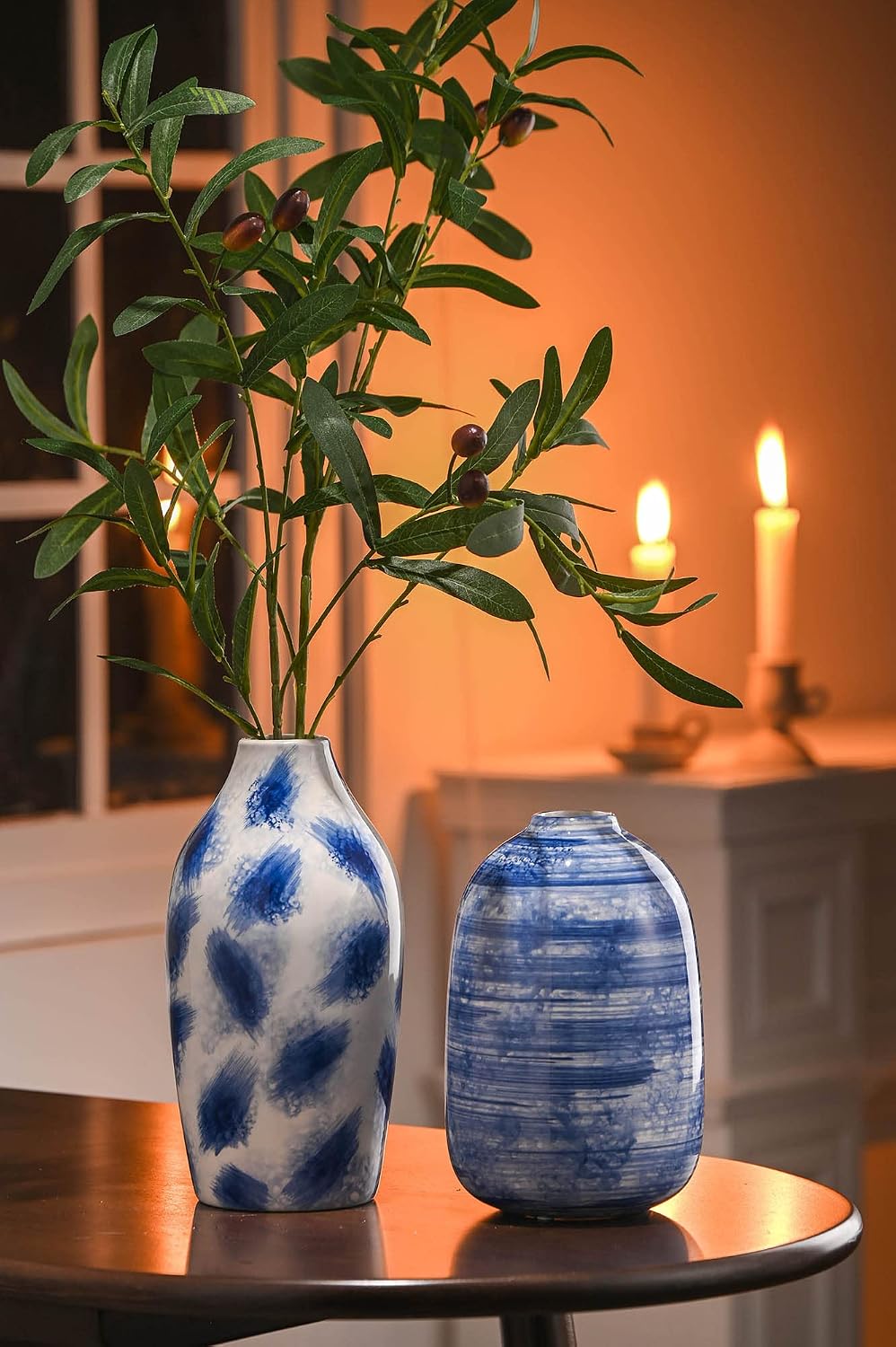 TERESA'S COLLECTIONS Blue Ceramic Vase for Modern Home Decor, Blue and White Vases for Flowers, Glazed Vases with Brush Effect for Centerpieces, Shelf, Living Room, Mantel -Set of 2, 7&8 inches