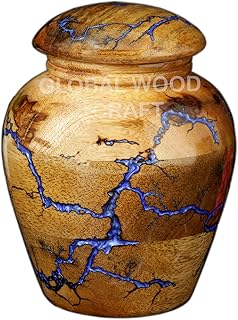 Hand Crafted Wooden Cremation Urns, Turn Wood Unique Desing with Lid, Mango Wood Fractal Burning and Resin Adult Pets for Pot Human Ash Memorial Urn, Natural, SKU 93