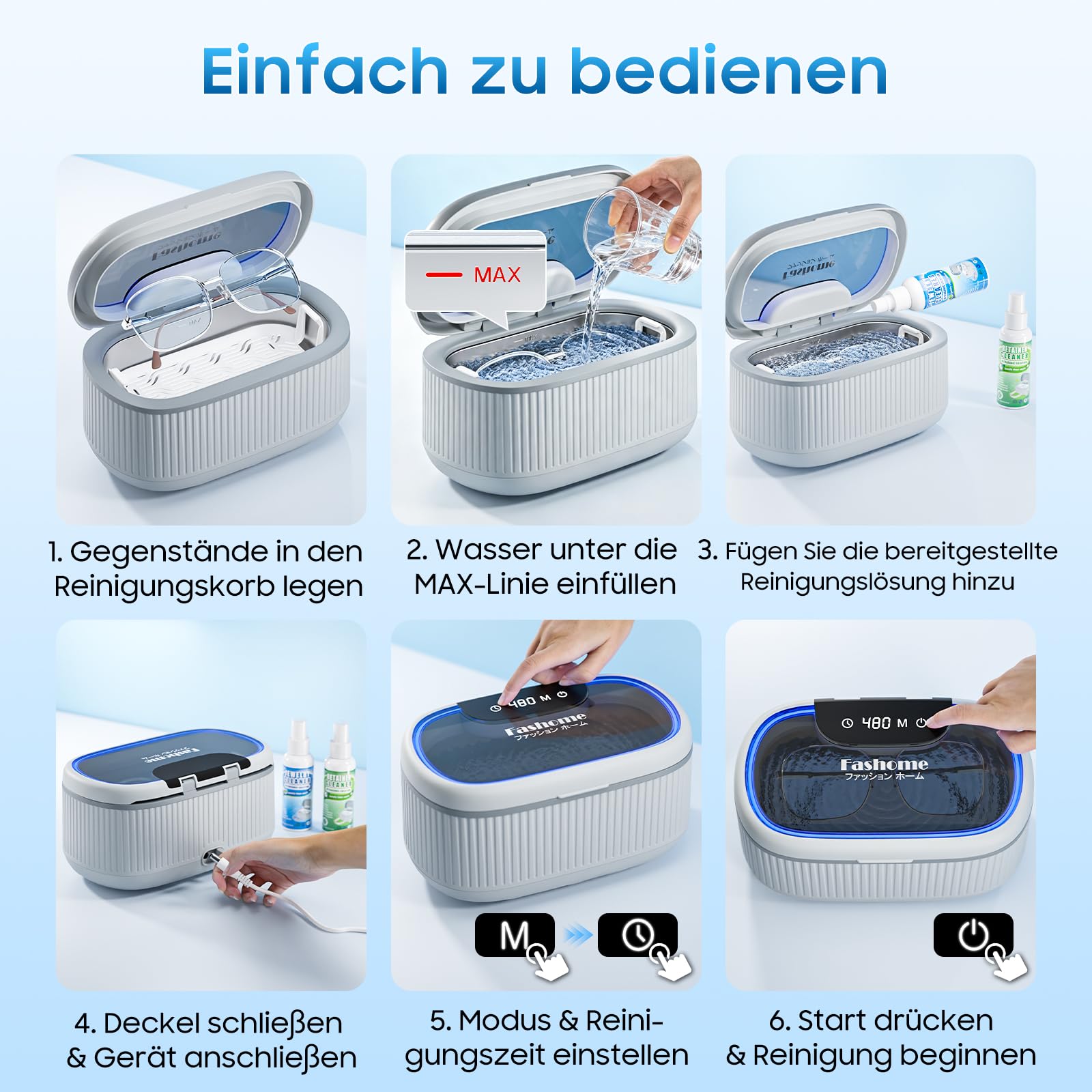Fashome Ultradźwiękowe urządzenie do czyszczenia z płynem czyszczącym 2 × 100 ml, 45 kHz 3 tryby, zbiornik ze stali nierdzewnej 550 ml, do biżuterii, okularów, zegarków i protez, kosz do czyszczenia i
