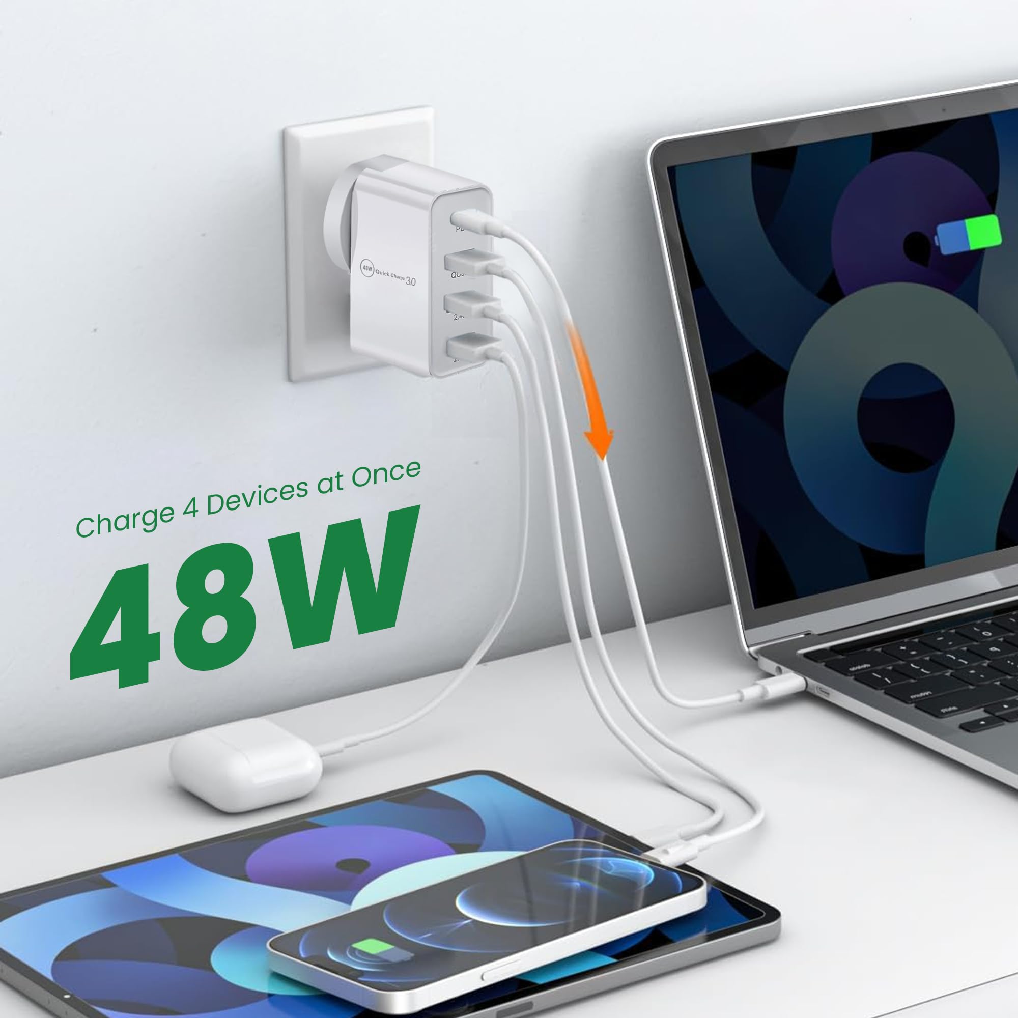 Caricatore USB C da 48 W e cavo USB-c (3 m), caricatore rapido 4 porte Quick Charger PD 3.0 più volte compatibile con iPhone 15, İpad, Samsung, Huawei, Xiaomi, adattatore di alimentazione, USB A e