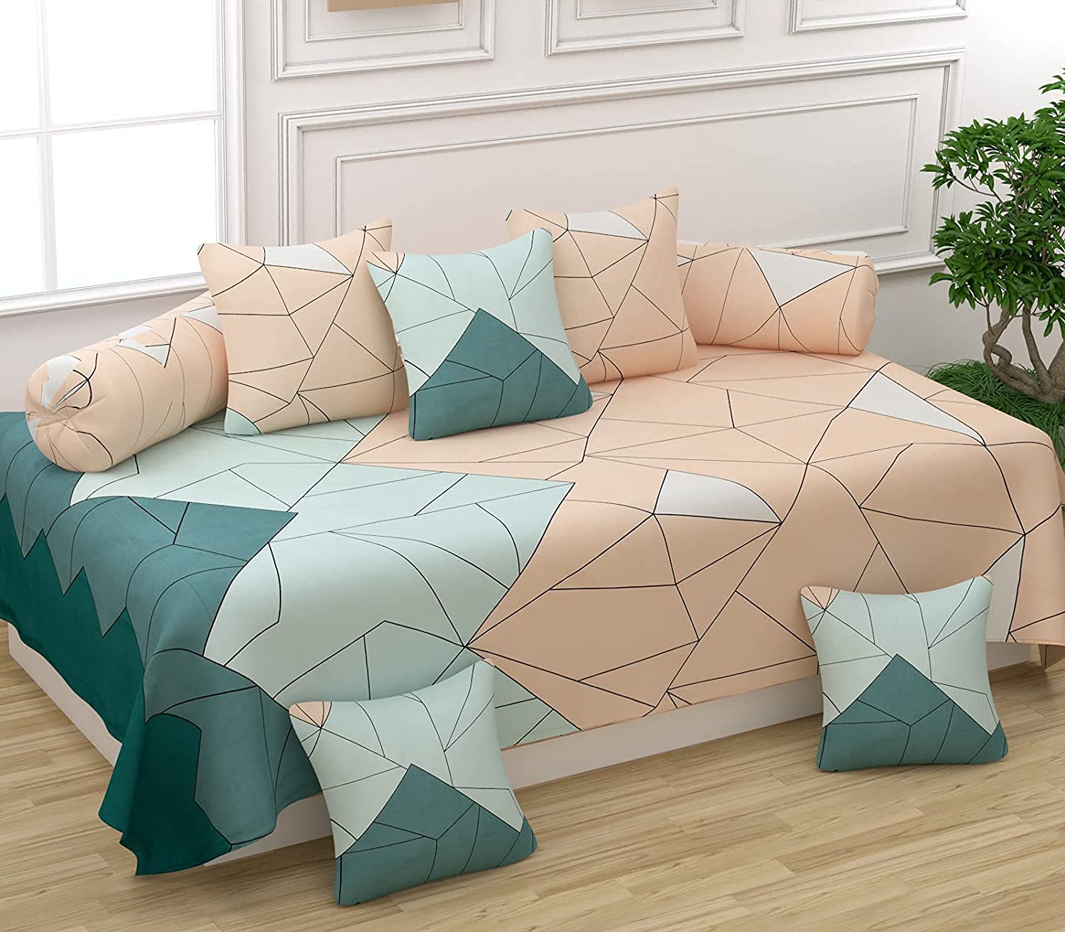 Microfiber Fabric 8 Pcs Diwan Set Covers 1 Bedsheet 5 Cushion Covers 2 Bolster Covers (Sketcherz)-image-13