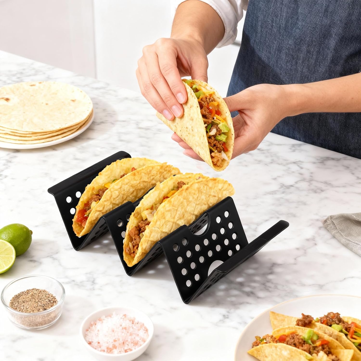 JAPCHET Set of 24 Taco Holder Stands, Large Taco Racks Trays Plates Black Plastic Tacos Shell Holder, Each Hollow Stands for 3 Tacos, Easy to Clean and Use