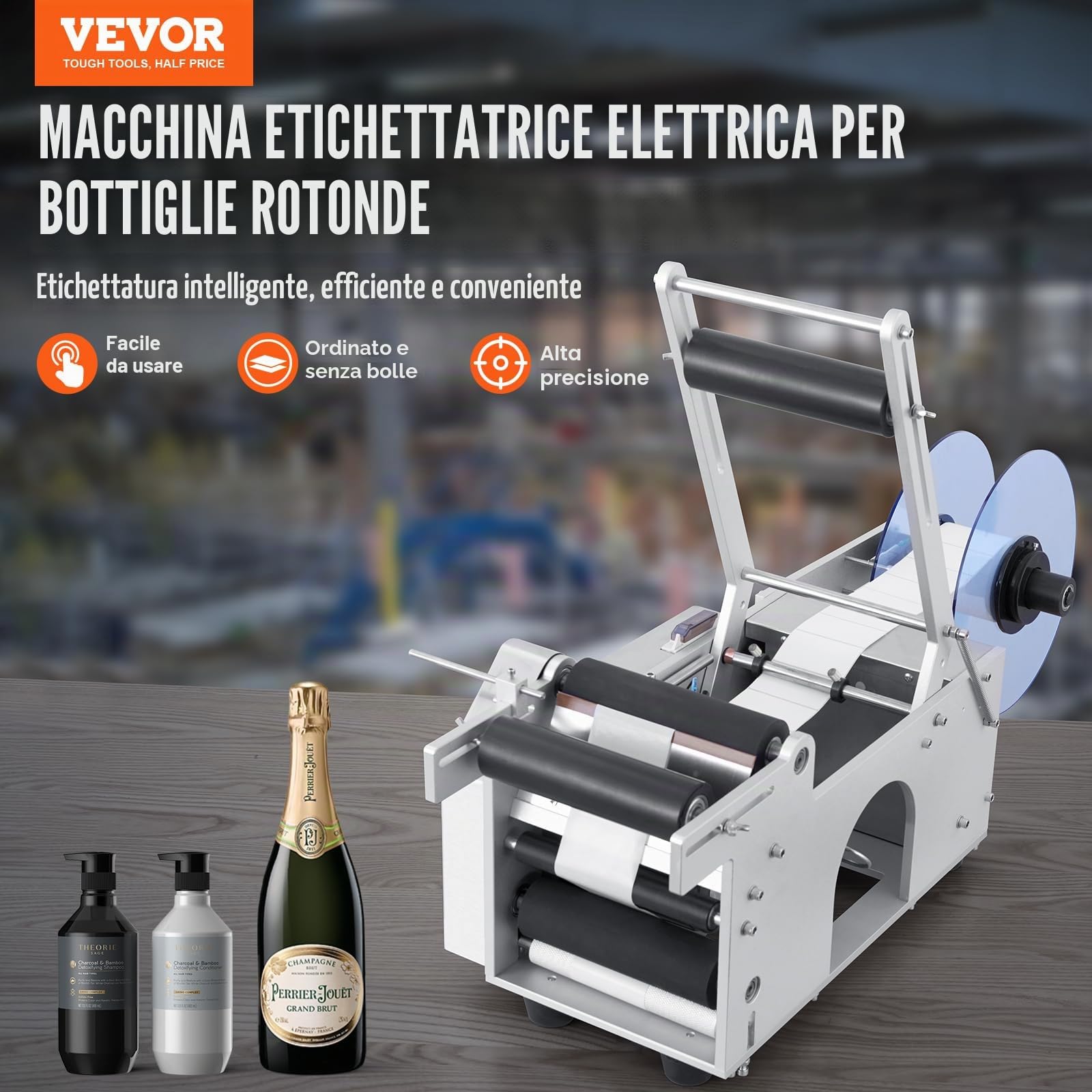 VEVOR Etichettatrice Semiautomatica per Bottiglia Rotonda, 20-50Pezzi/min, Applicatore di Etichette, Etichettatrice Regolabile Adatta per Bottiglie Larghezza Etichetta tra 13-150mm Lunghezza 25-300mm
