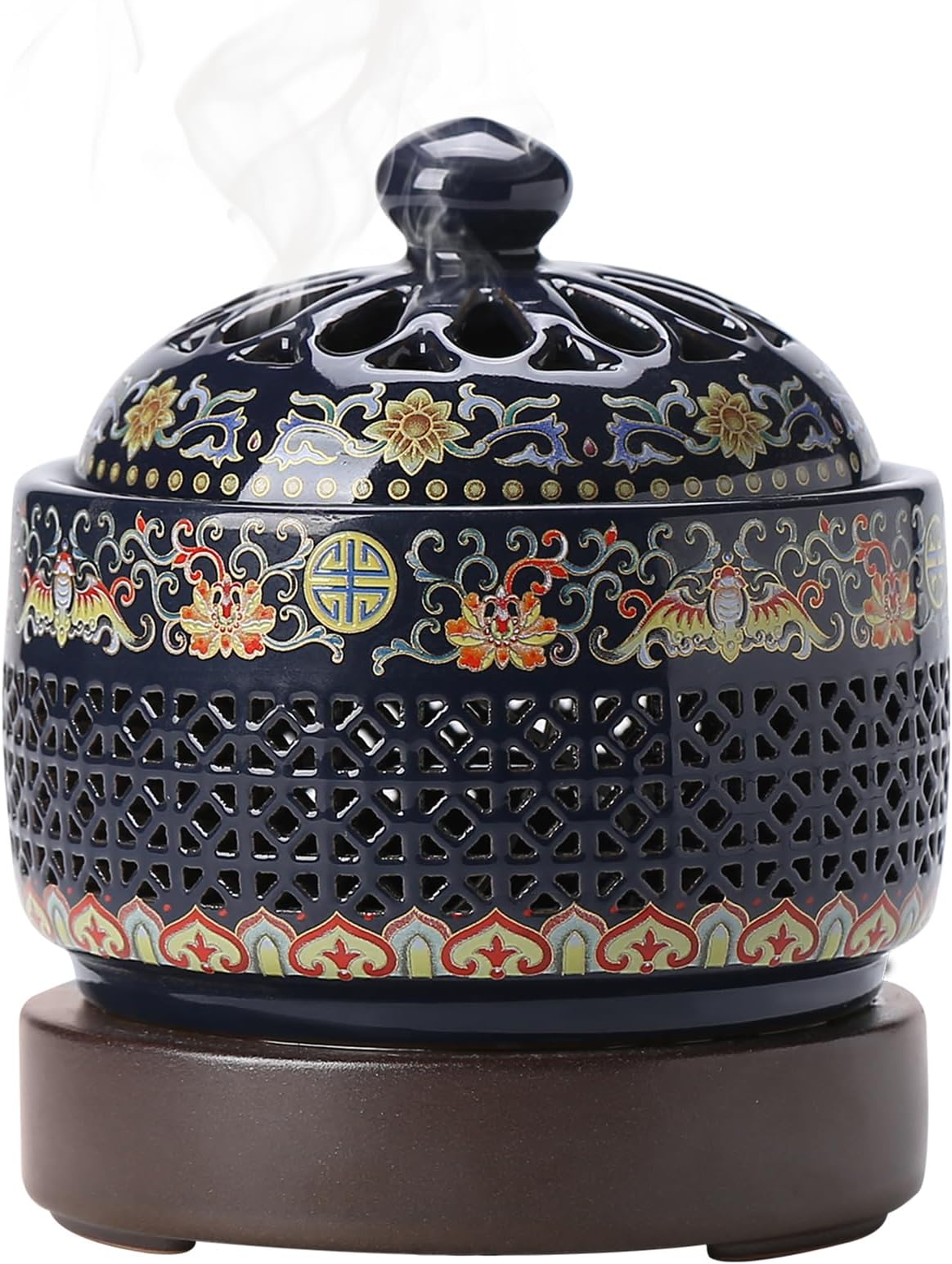 Ceramic Holder Electric Incense Burner Enamel Built-in LED Lights Simulate Flames, Classical, Elegant and High-end Hollow Design