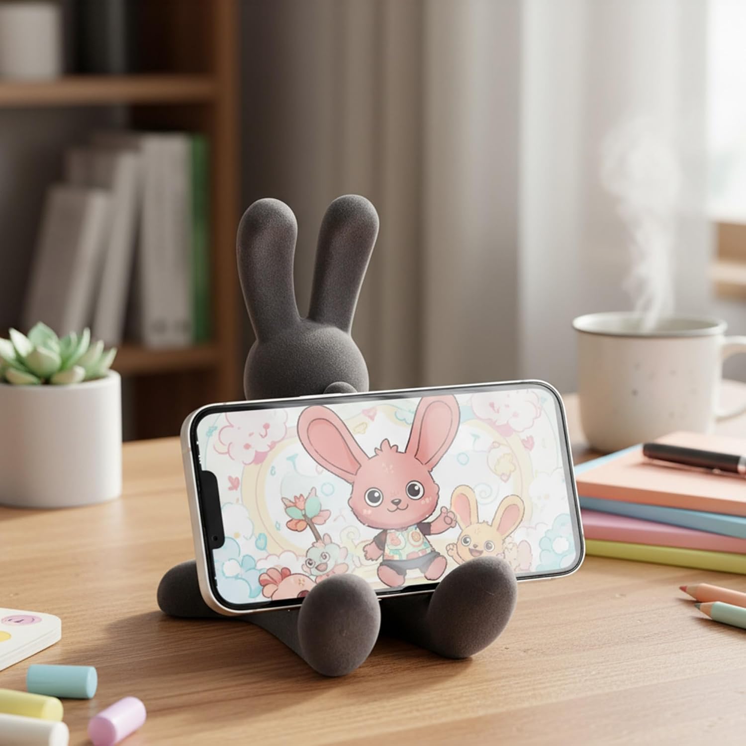 Cute Bunny Cell Phone Stand Flocked Resin Rabbit Figurine Tablet Holder