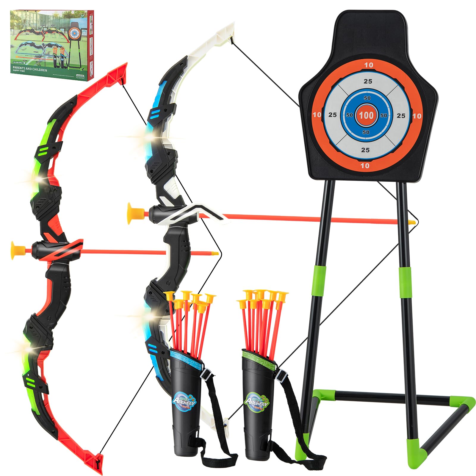 HOMASIS Set di Arco e Frecce per Bambini, Giochi all'Aperto per Bambini con 2 Archi/ 20 Frecce/ 2 Faretre/Bersaglio, Tiro al Bersaglio Bambini con Luci LED Lampeggianti, Regalo per Bambini dai 3 Anni