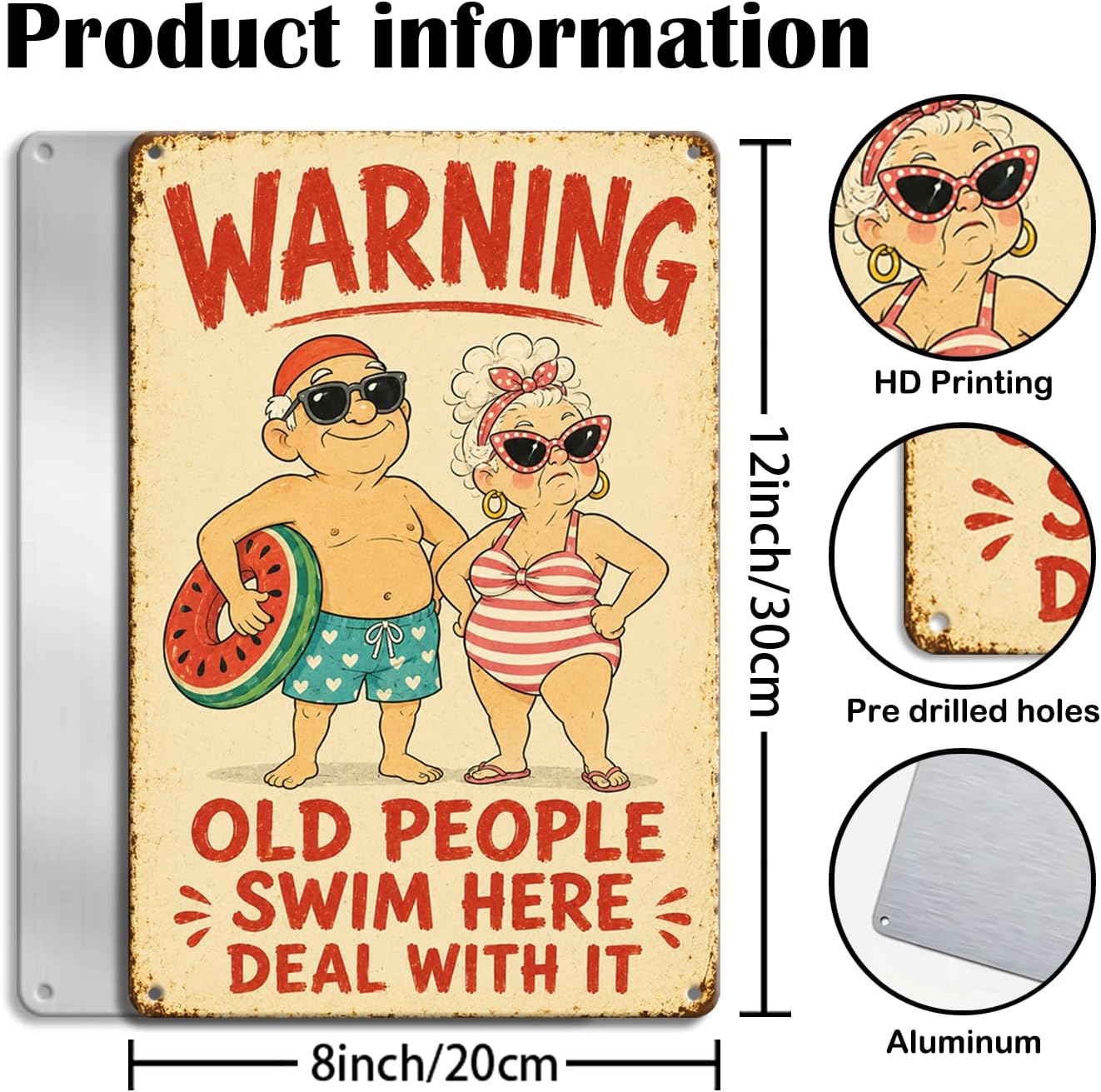 Pool Metal Sign, Old People Swim Here Wall Decor 8"x12" image 3