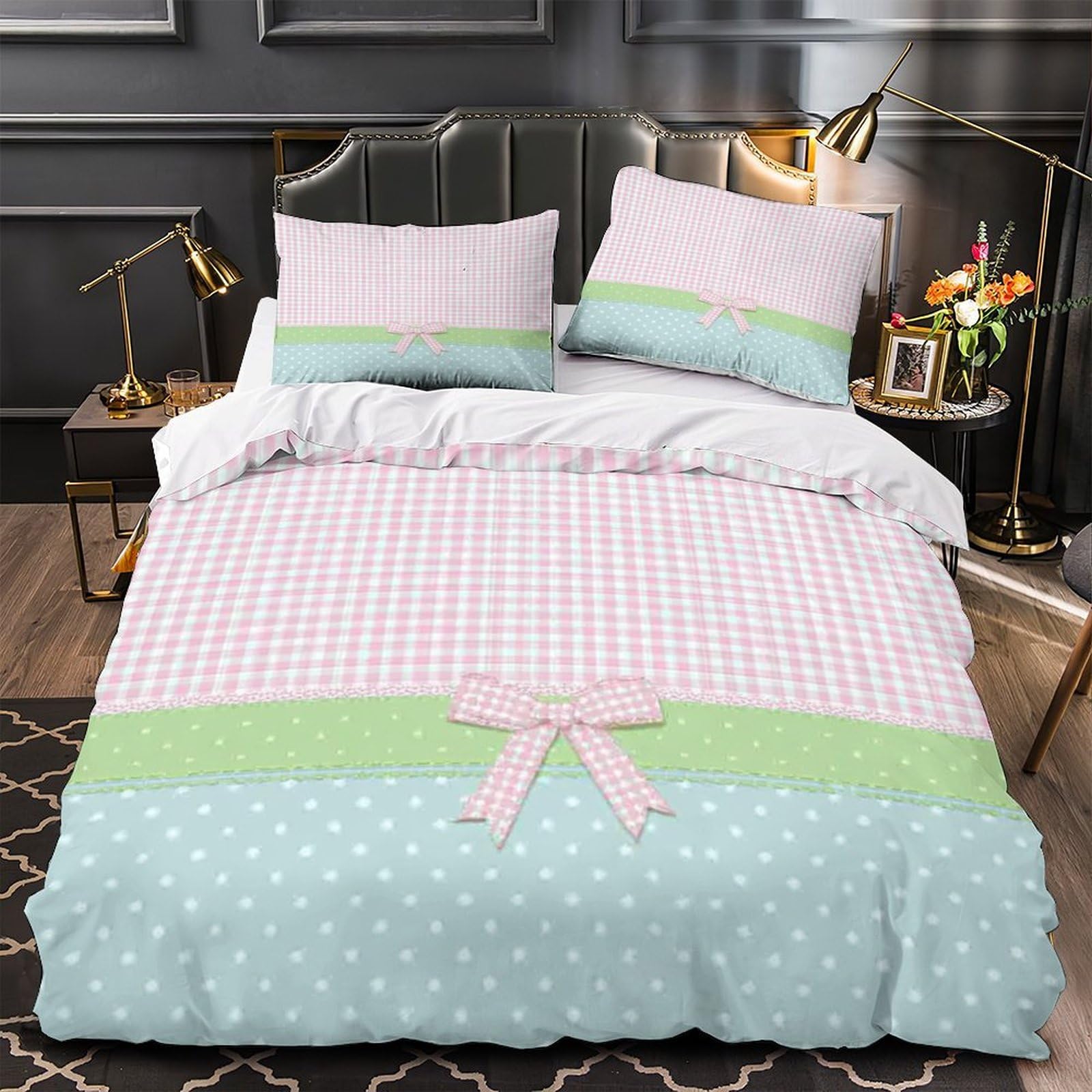 Parure de lit motif vichy rose 135x200 microfibre pour lit simple