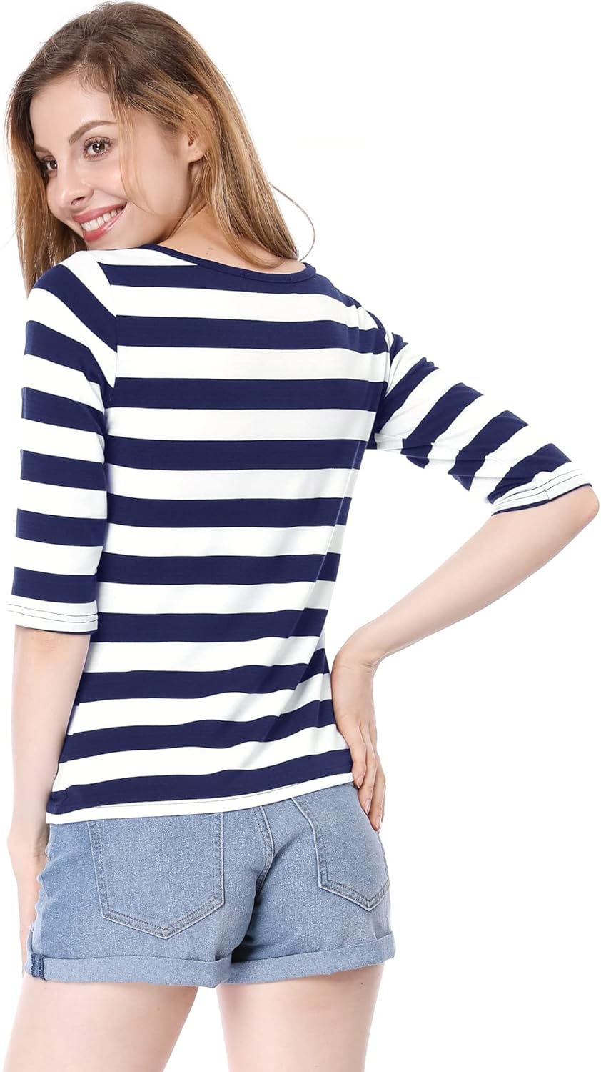 Allegra K Women's Elbow Sleeves Top Round Neck Slim Fit Basic Tee Casual Printed T-Shirt - Image 7