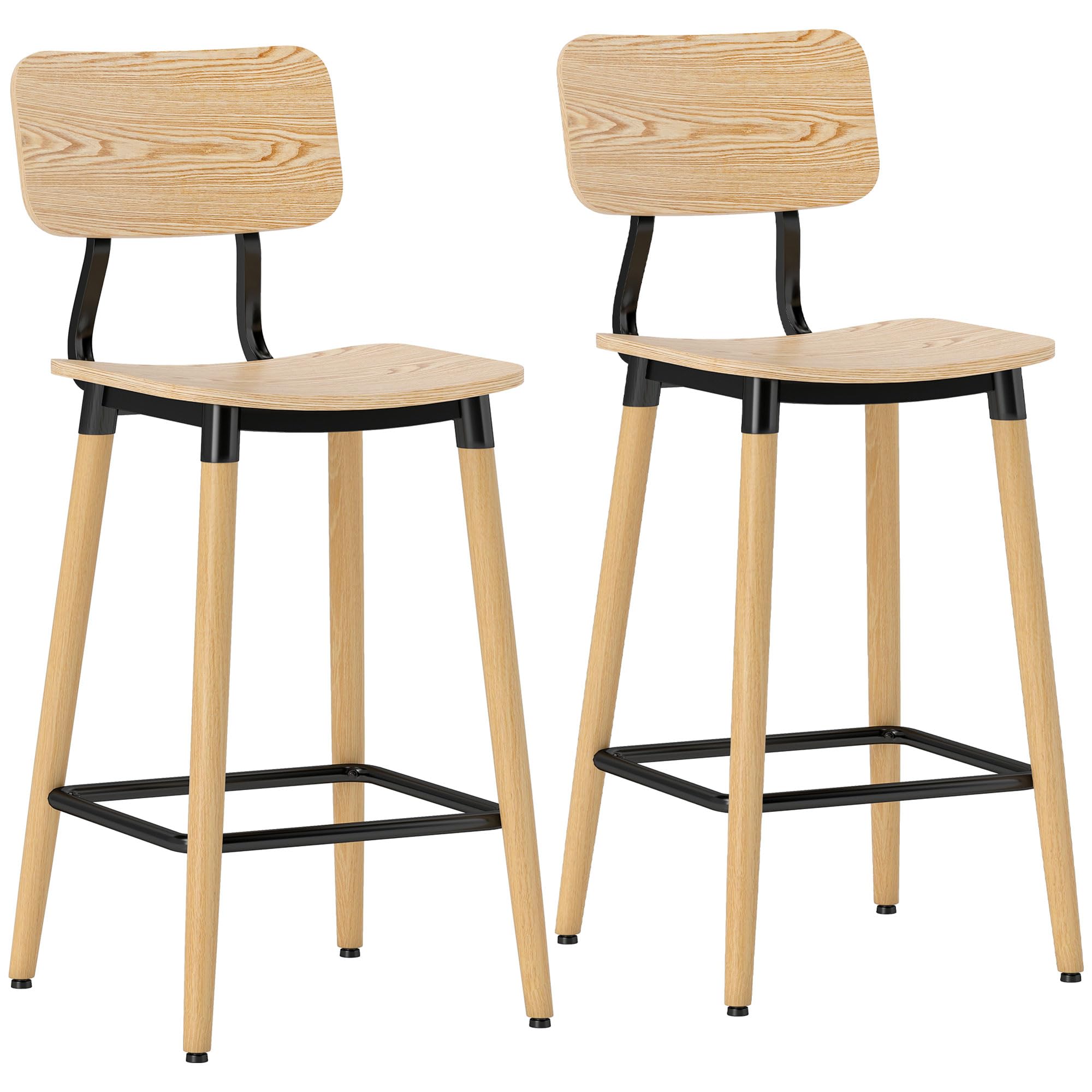 HOMCOM Barhocker 2er Set Barstuhl Tresenhocker mit Rückenlehne und Fußstütze, Küchenstühle mit Stahlbeine für Küche, Wohnzimmer, Esszimmer Natur