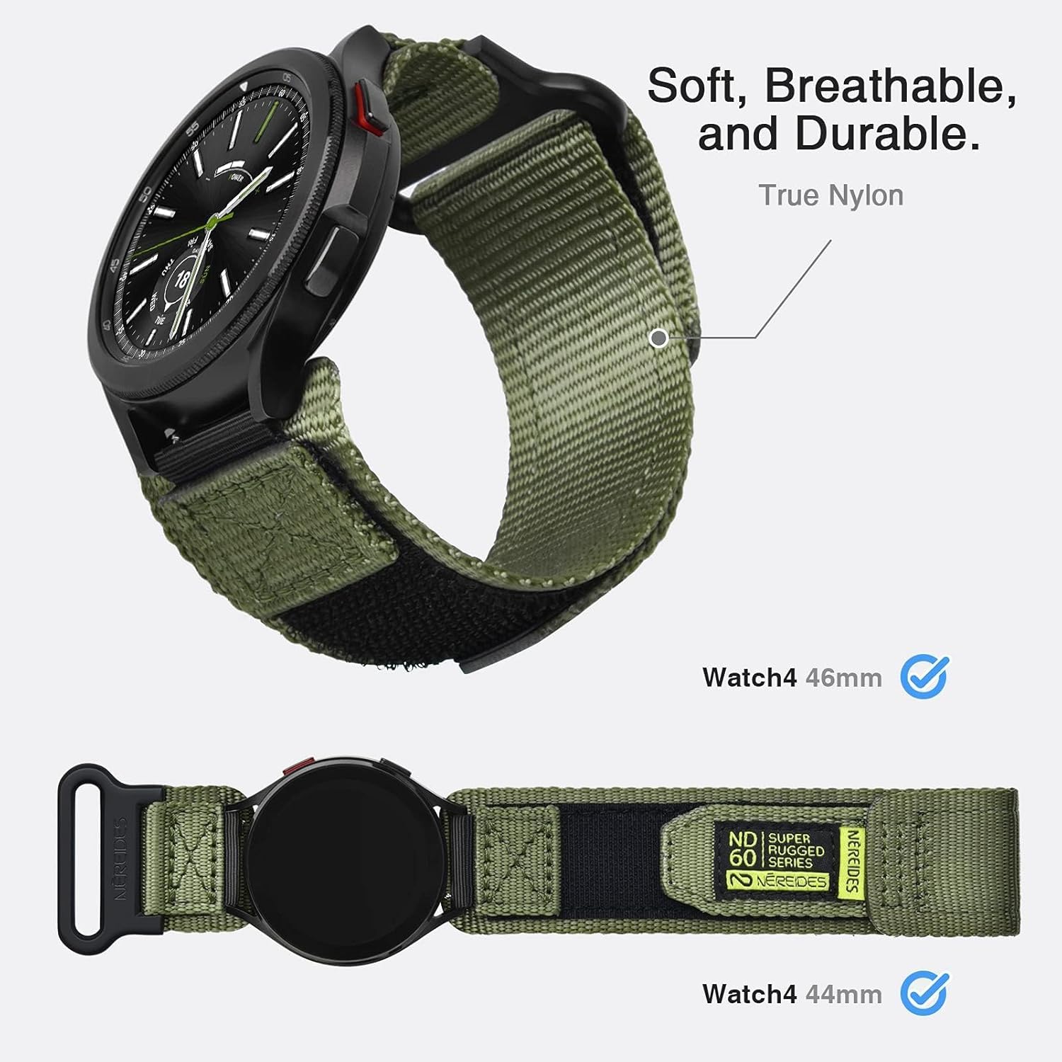 Nereides Compatible with Samsung Galaxy Watch Strap 7 6 5 4 FE 40mm 44mm/6 Classic 43mm 47mm/5 Pro 45mm/4 Classic 42mm 46mm/Active 2, 20mm Nylon Replacement Sports Band for Men Women (XL, Army Green)