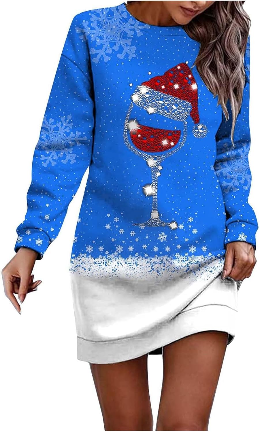 Robe Pull De Noël Femme - Imprimé Verre à Vin Rennes - Col Rond Sans Manches Confortable | Robe Fête Chic élégante | Tenue Célébration Famille Décontractée