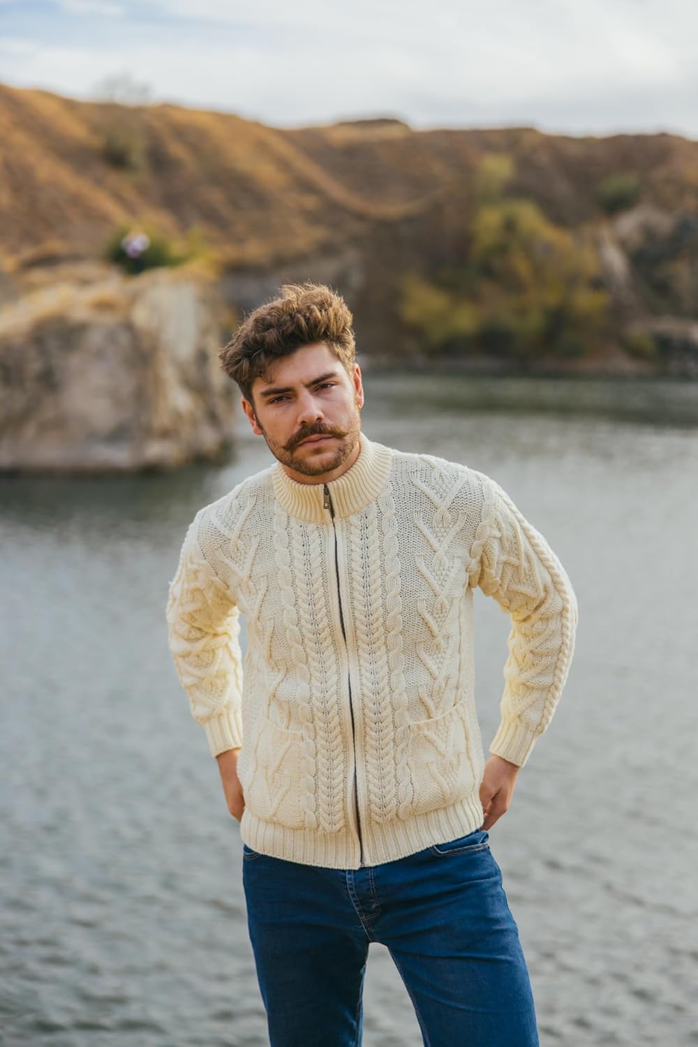 SAOL 100% Merino Wool Men's Zipper Cable Knit Winter Warm Cardigan Sweater with Pockets in Charcoal/Army Green - Image 9