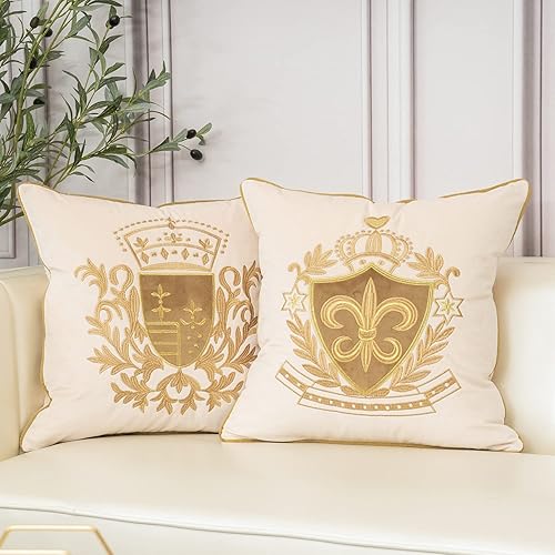 Miniatura 6 de Aeckself Funda de almohada de terciopelo bordado de lujo de 20 x 20 pulgadas, funda de almohada con escudo europeo, decoración del hogar para sofá,