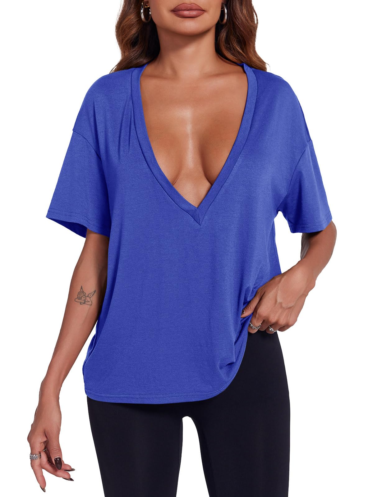 Tankaneo Womens Sexy Deep V Neck T-Shirts Summer Short Sleeve Tops Casual Loose Fit Basic Tees: Dark Blue Large