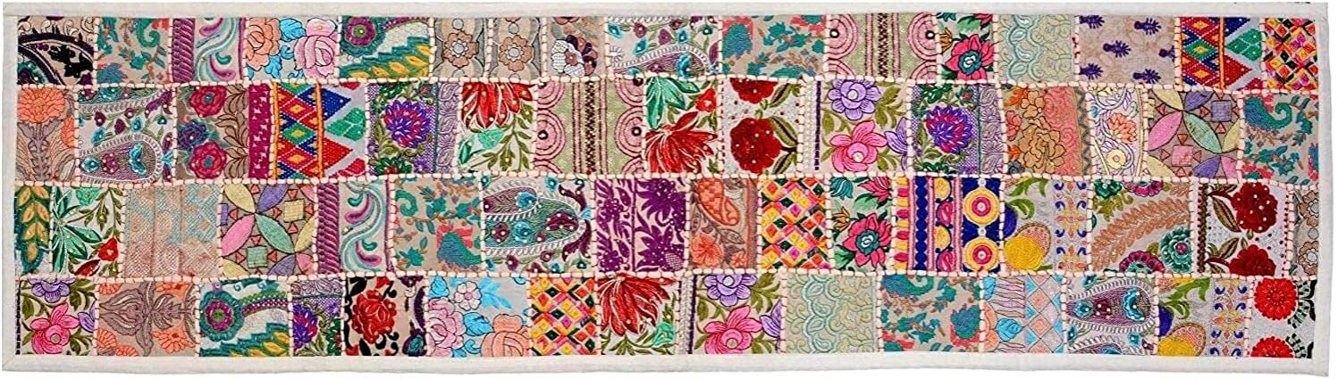 Handmade Table Runner Indian Design Embroided Cotton Ethnic Runner Indian Patchwork Table and Home Decor for Every Occasion (White) (60X15)