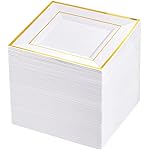bUCLA 100PCS Gold Square Plastic Plates - 6inch Disposable Dessert/Cake Plates - Premium Hard Square Small Appetizer Plates for Wedding&Party