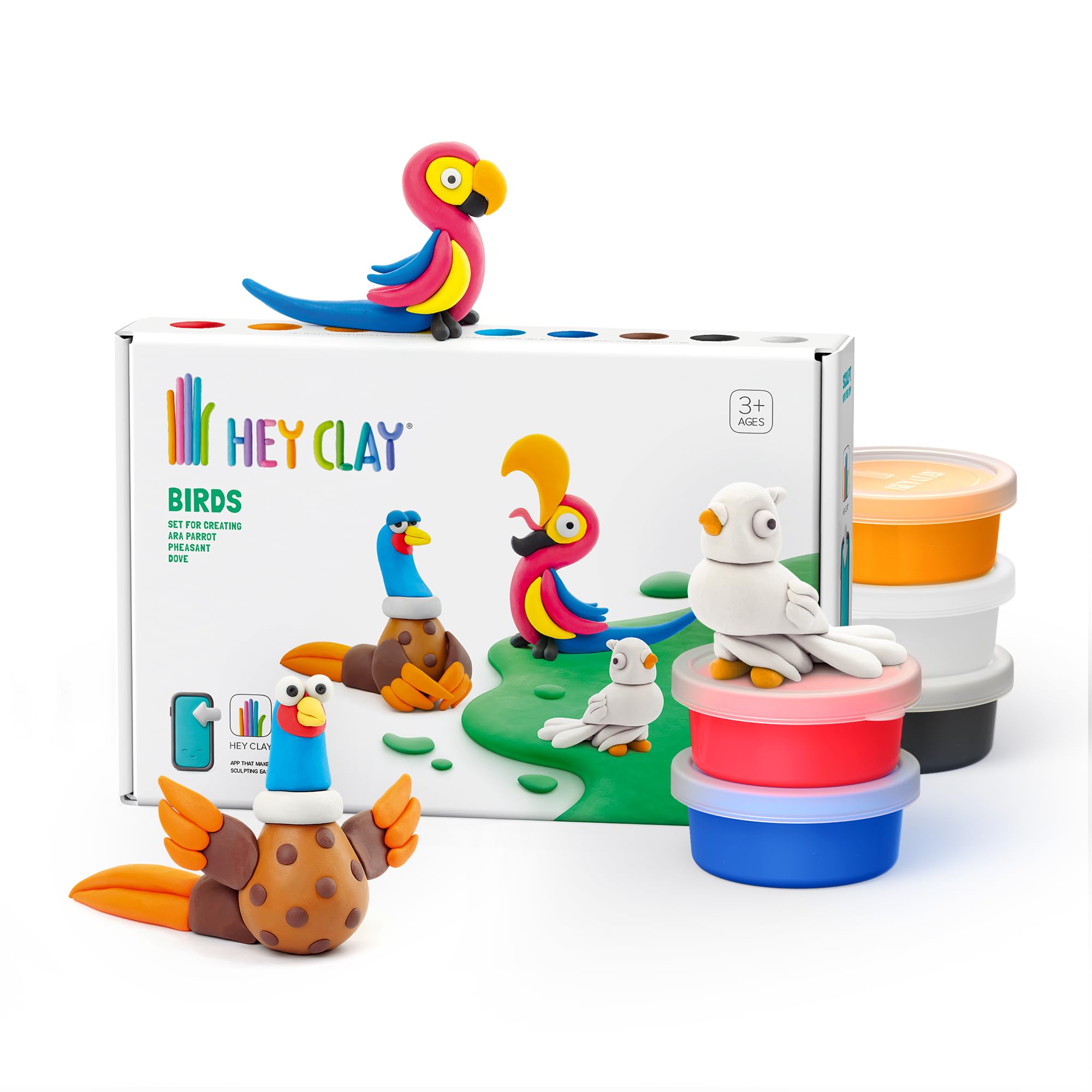HEY CLAY Colorful Modeling Air Dry Clay for Kids 6 cans with Fun Interactive Instructions App - Kids Activities Age 3+ (Birds: Pheasant, Ara Parrot,