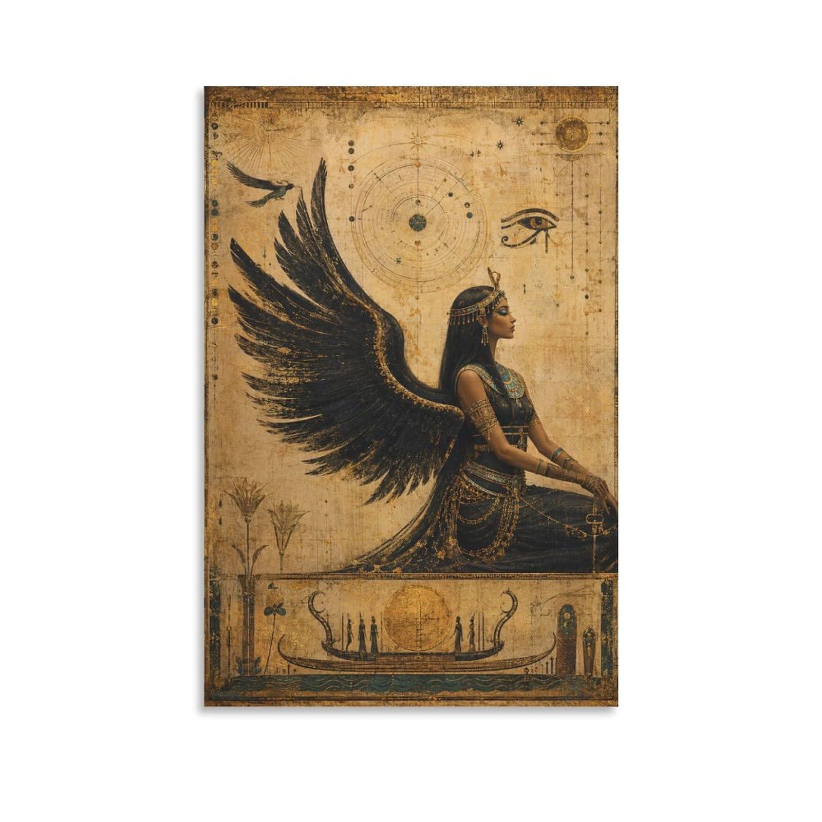 W7C8U2X3 Egyptian Winged Goddess Papyrus Canvas Wall Art, Ancient Egyptian