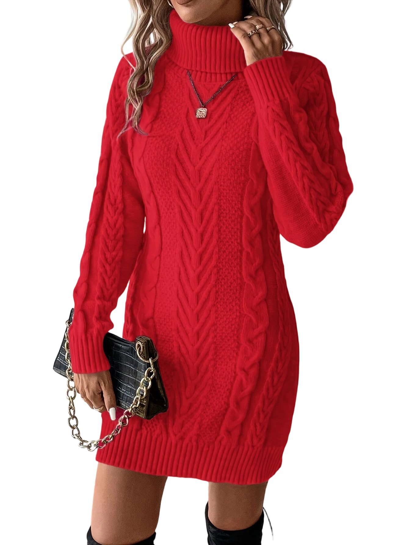 Womens Cable Knit Turtleneck Sweater Dress Long Sleeve