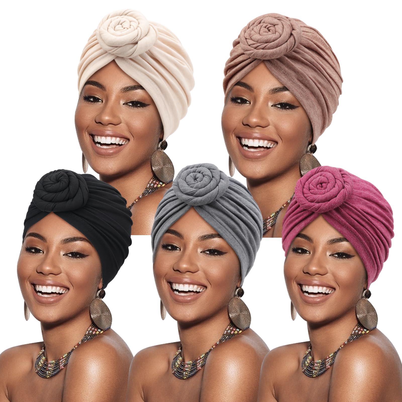 DRESHOW 5 Pack Knotted Headwraps for Women African Turban Pre-Knotted Beanie Headwraps Hair Covers