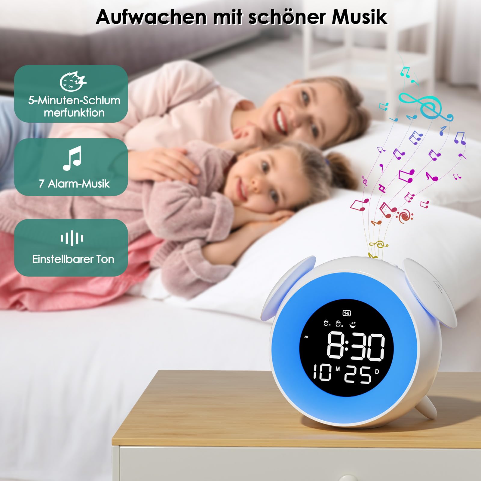 Wecker Kinder Digital, Kinderwecker Schlaftrainer, LED Digitaluhr mit Doppelalarm, 10 Farblichten, Snooze, Werktagsmodus, 7 Klingeltöne, 12/24Std, Lichtwecker Für Mädchen Jungen