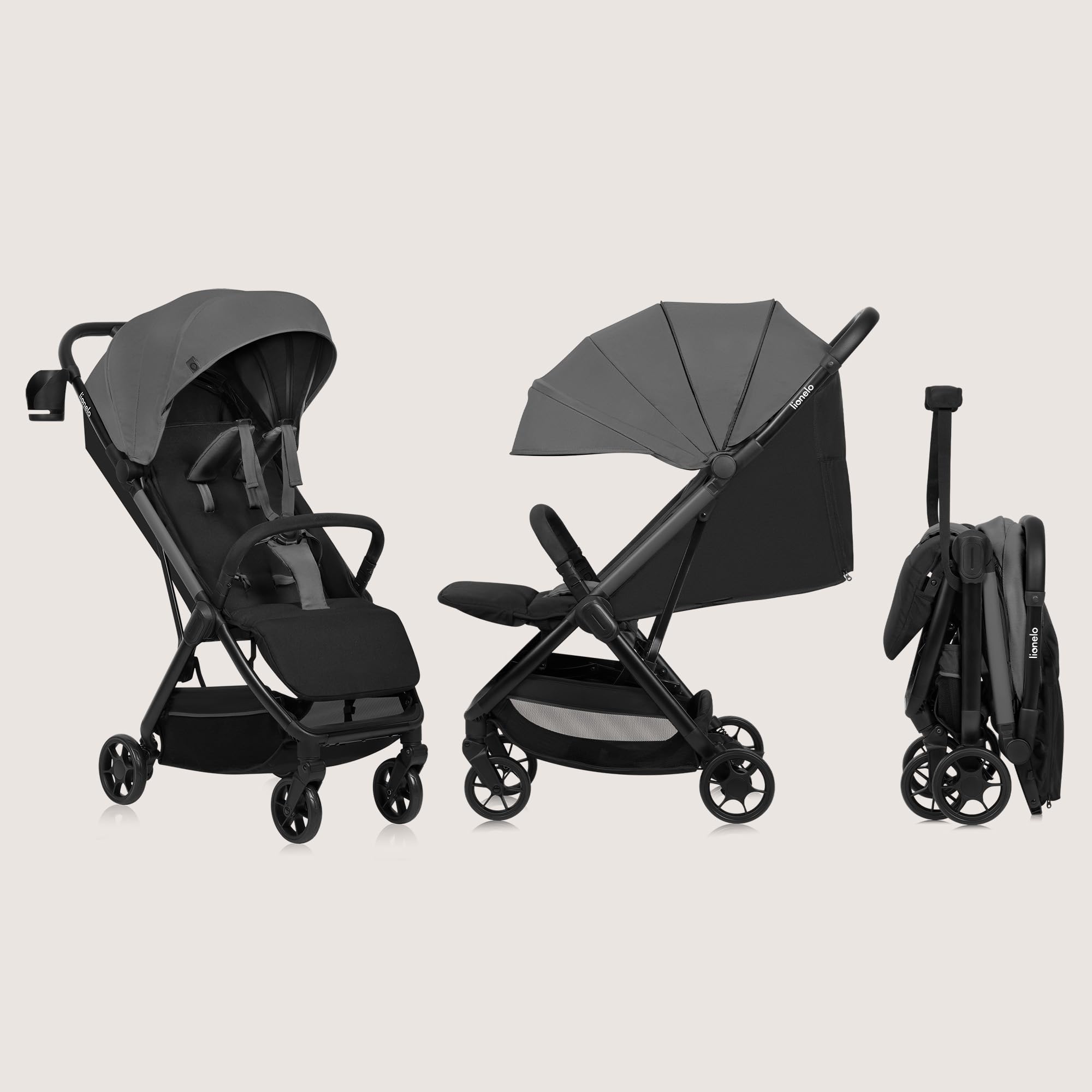 LIONELO Julie Air Poussette Canne jusqu'à 22 kg de 6 m à 4 ans Pour Avion Roues pivotantes à 360 ° Suspension Pliage avec Une Main Réglage du Dossier Canopy UPF50+, Légère (Grey)