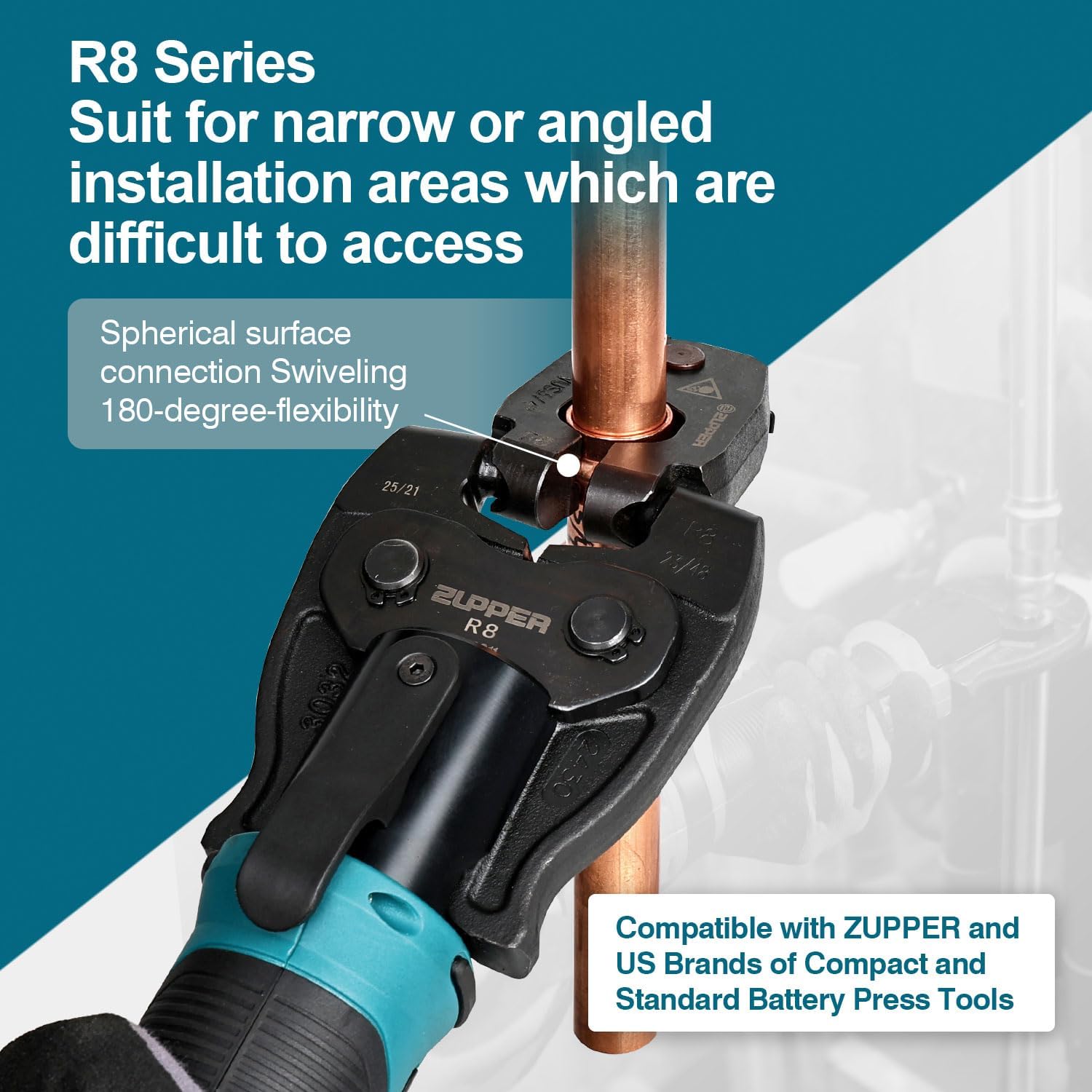 ZUPPER Press Ring Kit - 6PCS Copper Pro Press Rings 1/2" to 2", 3PCS Rotating Actuators R8-24, 3240-R8 and R9 Suitable for Narrow or Angled Installation Areas, fit Compact and Standard Press Tools