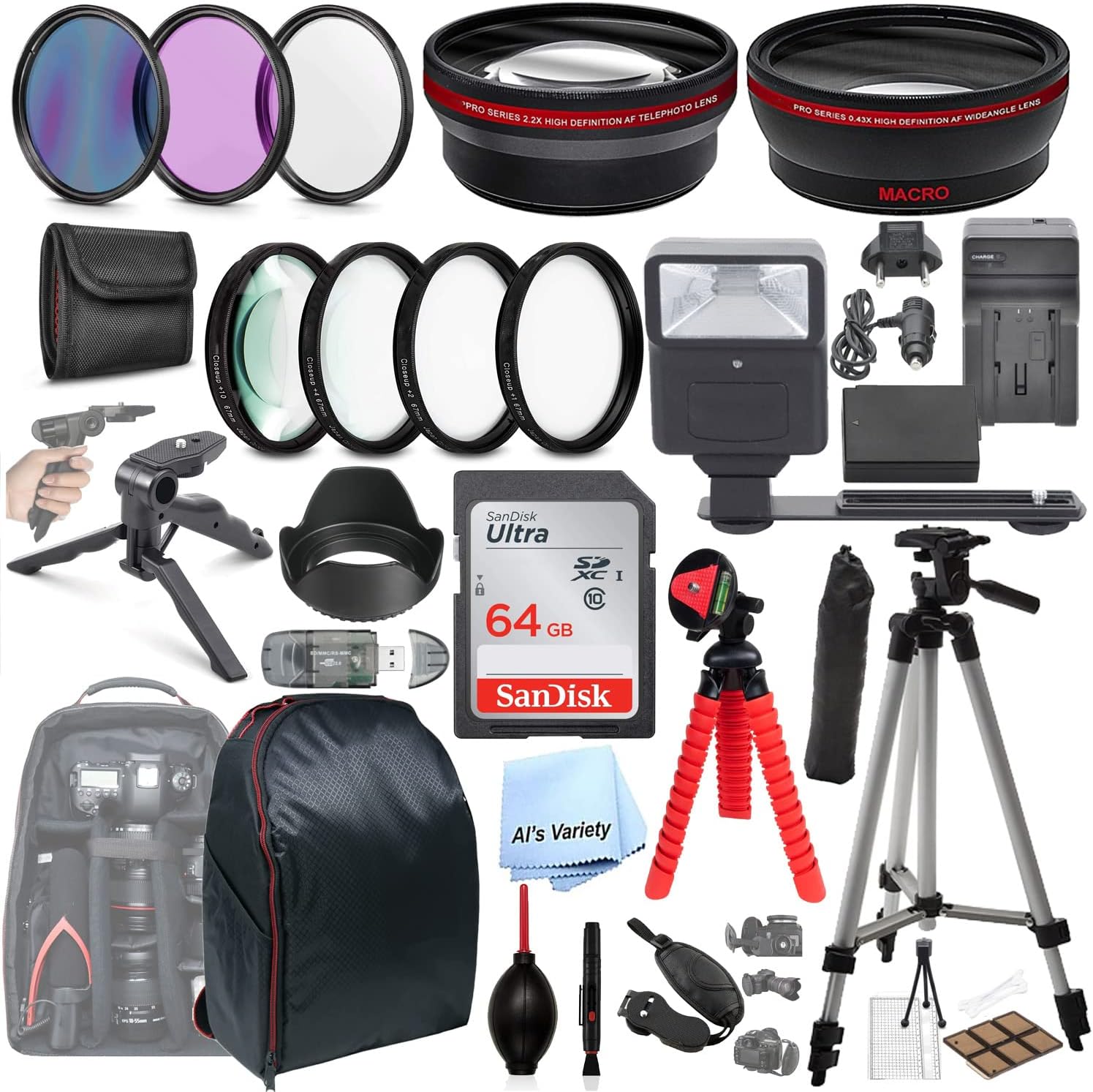 Als Variety 49mm Accessory Bundle with HD Filters, Close Ups, 64GB Memory, Backpack, Flash, Auxiliary Lenses, Battery, Tripod for Canon EOS M5, M6, M6 Mark II